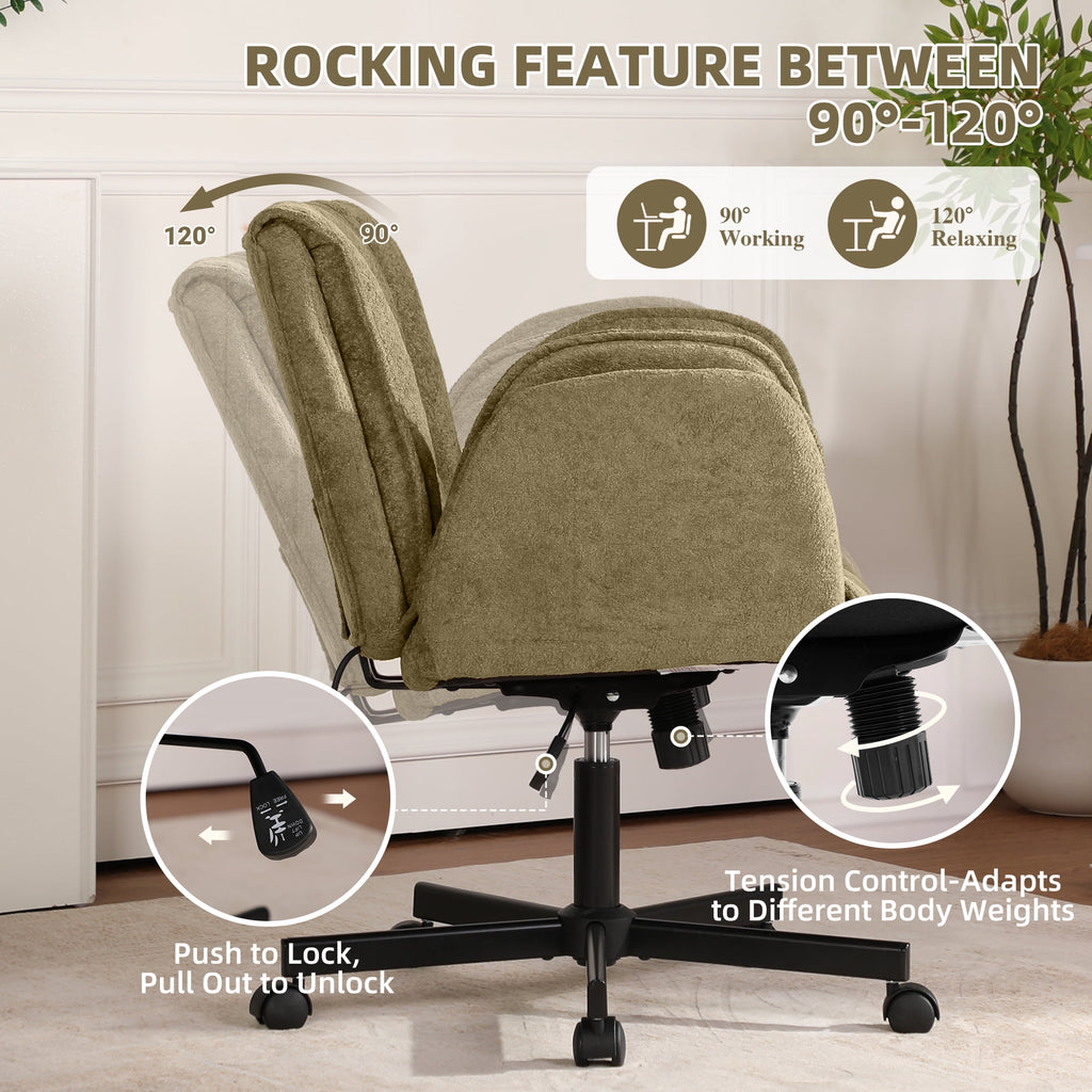 Cross Legged Office Chair with Wheels & Dynamic Airbag Lumbar Support, Criss Cross Wide Seat, 5-Position Fold-Down Armrests, Swivel Vanity Chair for Home Office, Dark Green