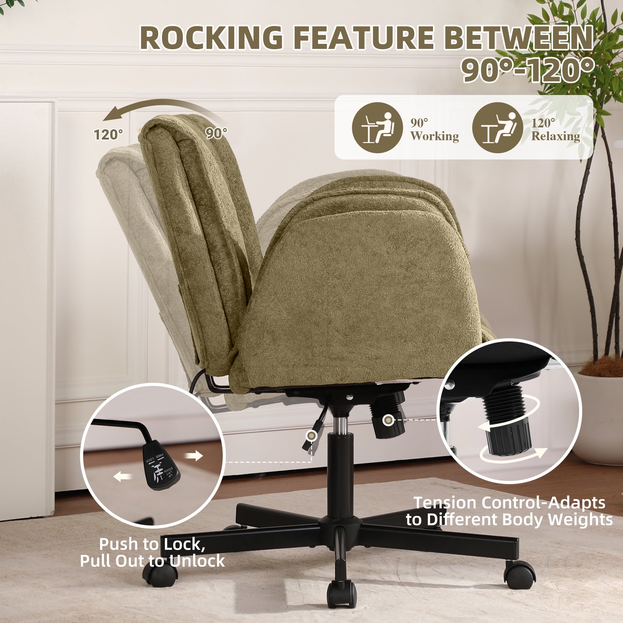 Cross Legged Office Chair with Wheels & Dynamic Airbag Lumbar Support, Criss Cross Wide Seat, 5-Position Fold-Down Armrests, Swivel Vanity Chair for Home Office, Dark Green