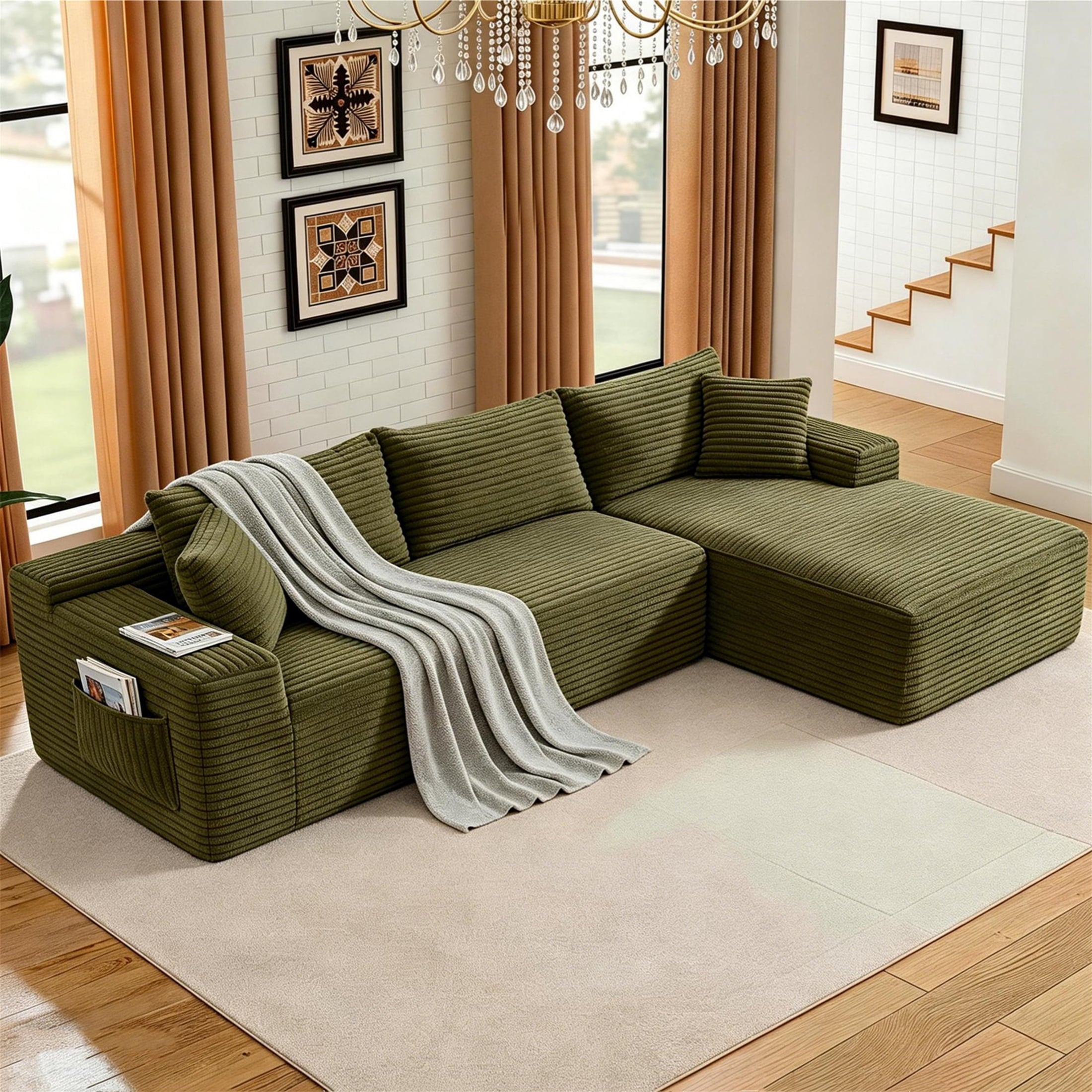 Aukfa 95 Cloud Sectional Sofa Deep Seat Boneless Couch Modular L-Shaped Couch, Left Chaise Corduroy Sofa for Living Room, Black