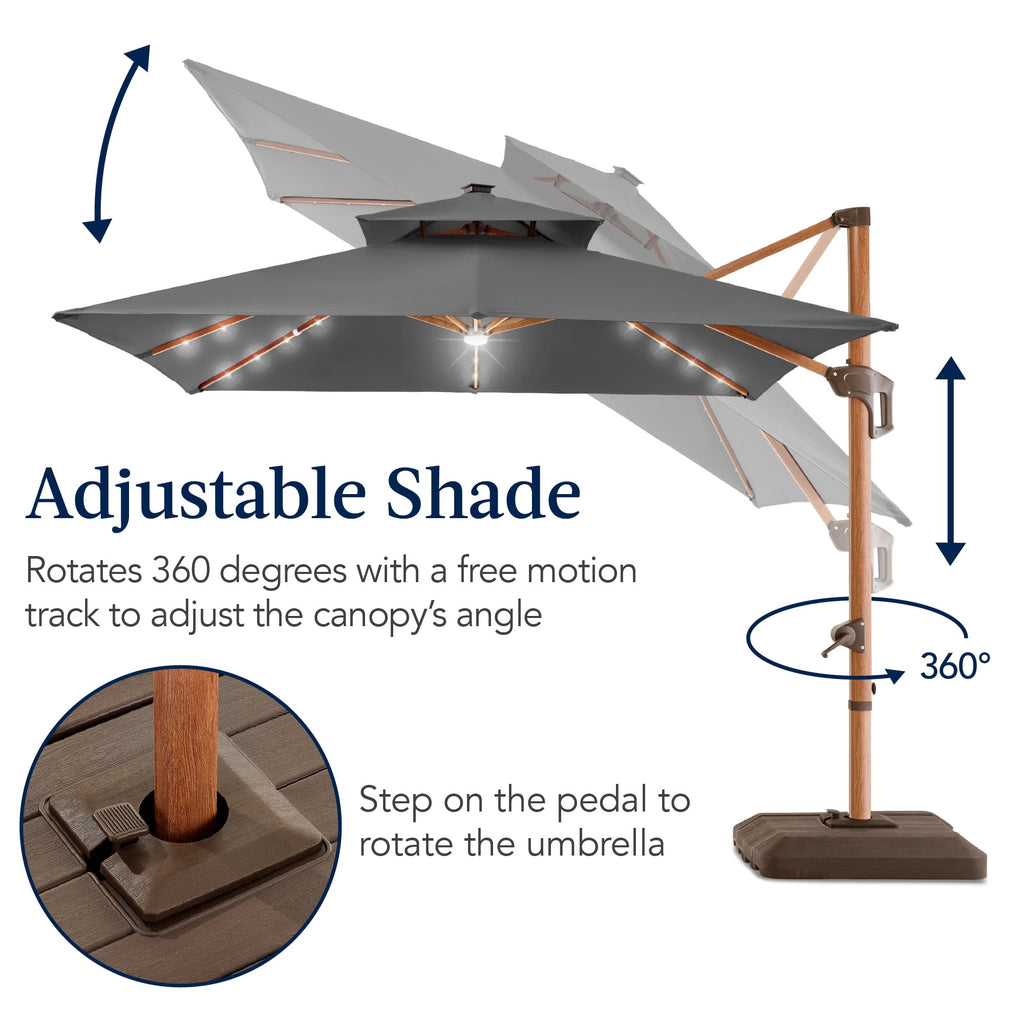 Best Choice Products 10ft Square Woodgrain Pattern 2-Tier Outdoor Solar LED Cantilever Umbrella w/ Base - Gray