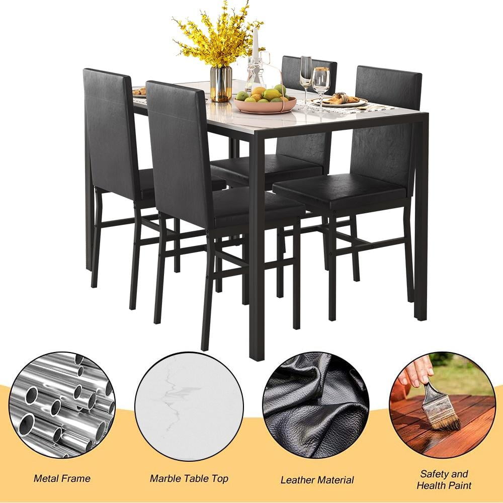 5 Piece Dining Table Set, Modern Faux Marble Tabletop and 4 PU Leather Upholstered Chairs, Rectangle Kitchen Table and Chairs for 4 Persons, Small Dining Set for Bar Dining Room Breakfast Nook