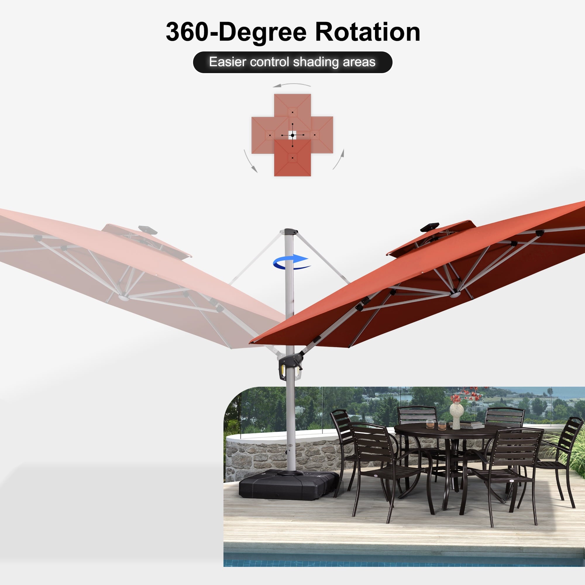 PURPLE LEAF 9 x 12FT Deluxe Rectangle Solar Powered LED Patio Umbrella with Base, Large Offset Cantilever Umbrella with 360° Rotation, Navy Blue