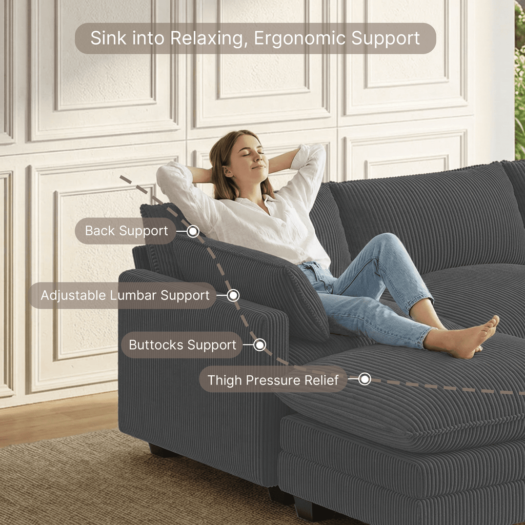 110'' Oversized L Shaped Couch for Living Room, Cloud Couches with Washable Corduroy Cover, Modern 4-Seater Comfy Deep-Seat Sofa with Movable Ottoman and 2 Throw Pillows for Apartment, Gray