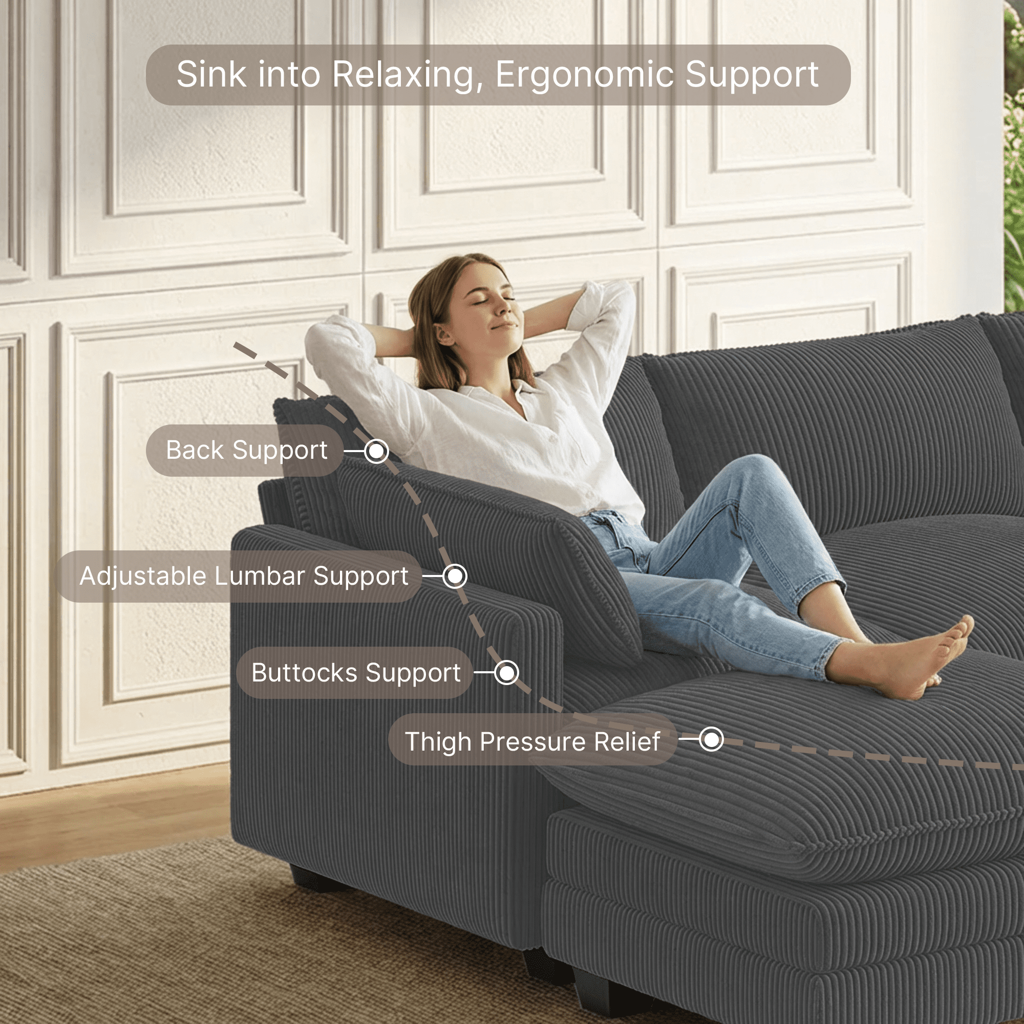 110'' Oversized L Shaped Couch for Living Room, Cloud Couches with Washable Corduroy Cover, Modern 4-Seater Comfy Deep-Seat Sofa with Movable Ottoman and 2 Throw Pillows for Apartment, Gray