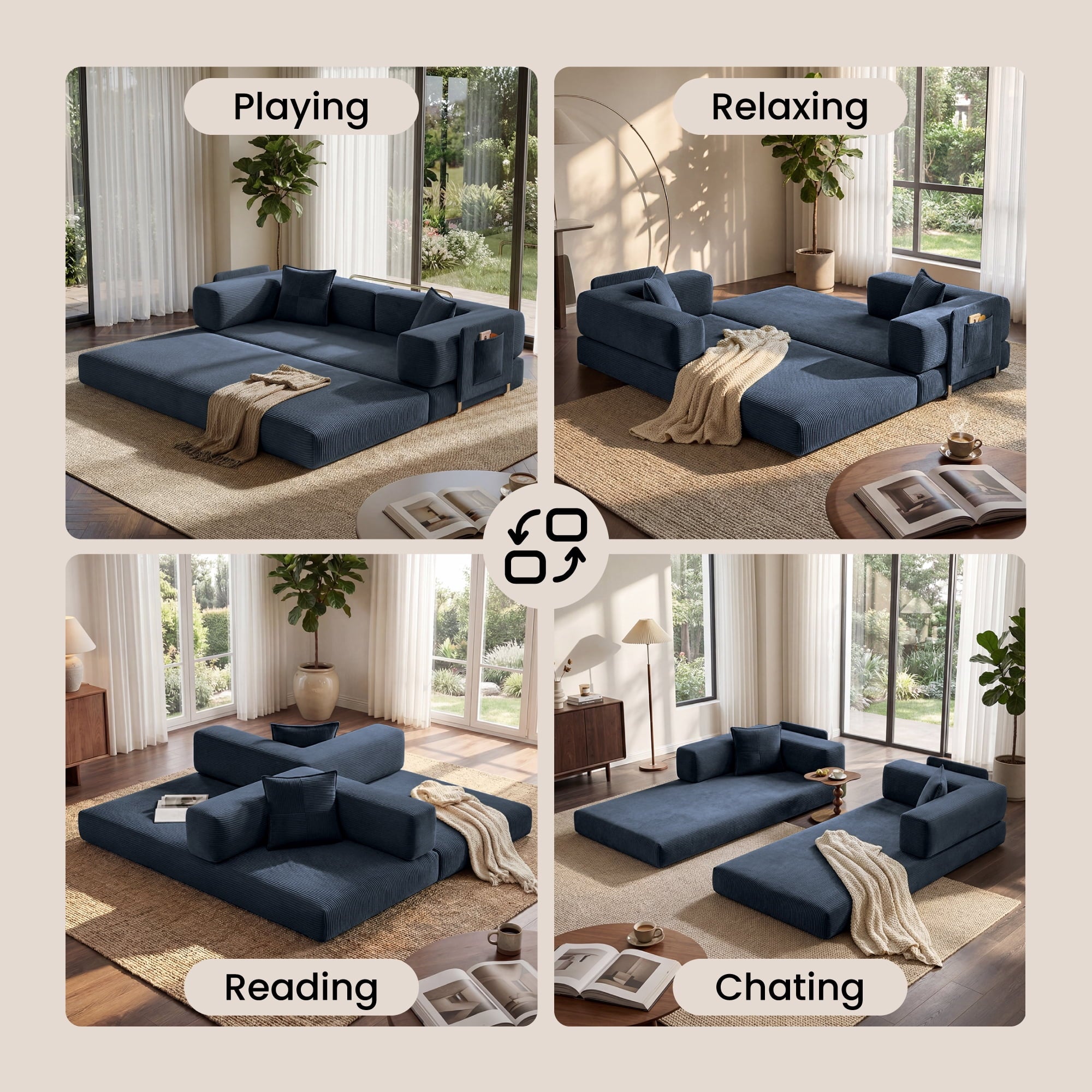 BELHOME 5-in-1 Convertible Sofa Bed, 78.8 Sleeper Sofa Boneless Couch with Side Pockets, Folding Floor Sofa Compression Sofa for Living Rooms No Assembly Required