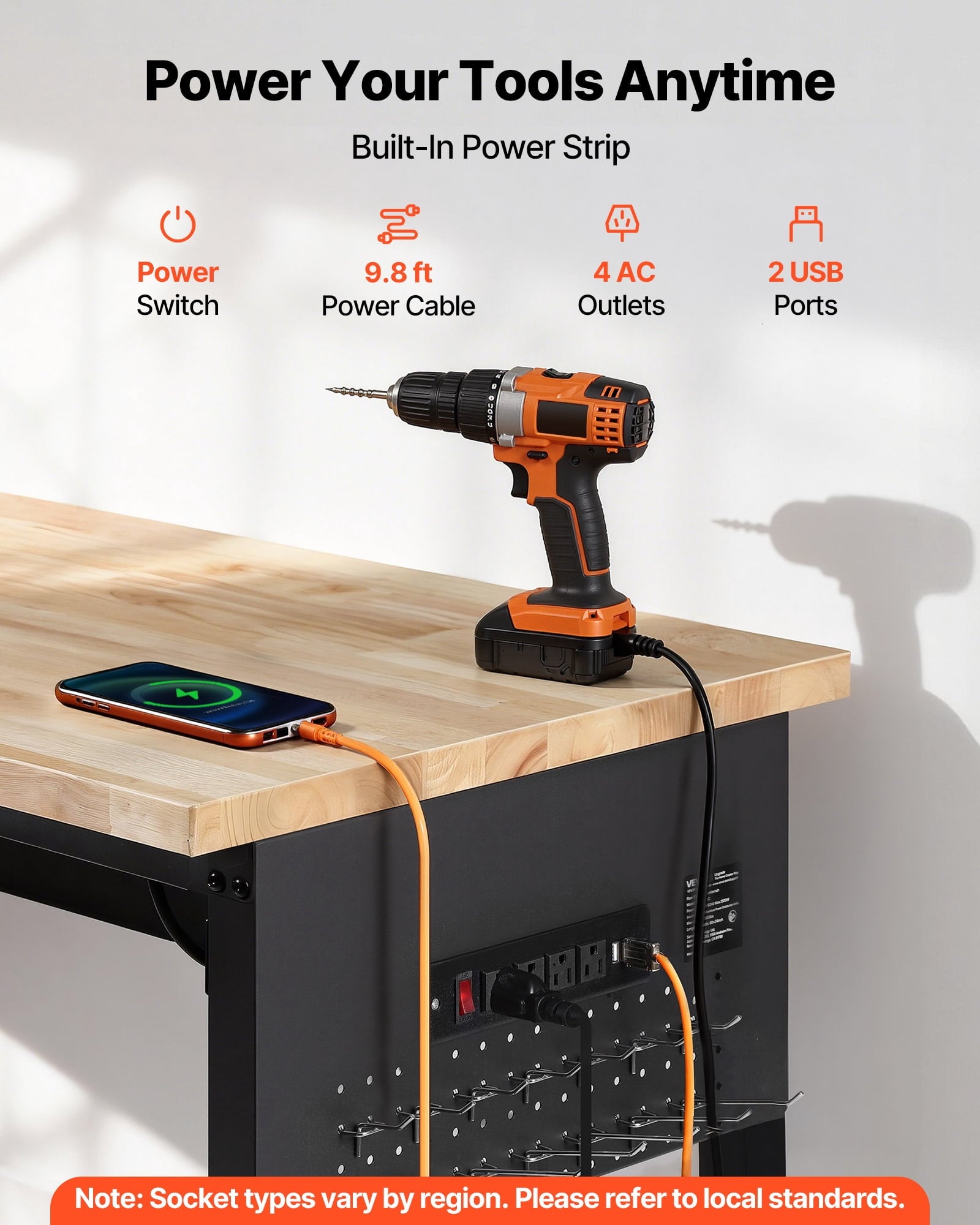 VEVOR 60-inch Adjustable Workbench, 1500 lbs Load Capacity, Garage Workbench with Drawer, Power Outlet, Wheels, and Pegboard, Heavy Duty Oak Wood Top Work Table for Garage, Workshop, Office, and Home