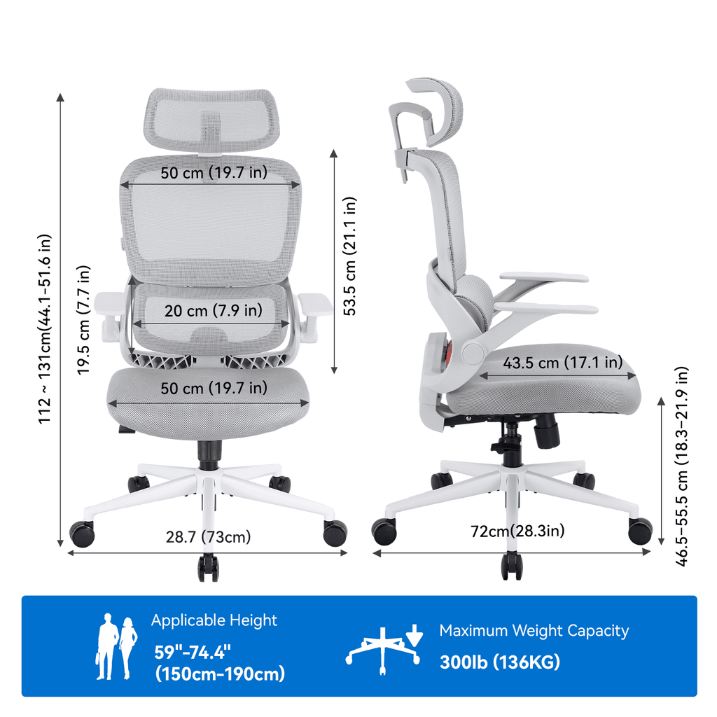 SIHOO B100 Se Office Chair, Executive Chair with Cotton Seat, Dual-Back Ergonomic Chair, 2D Adjustable Headrest & Flip Link Armrest, Comfort Mesh Chair for Home Office & Gaming, 265lbs, Gray