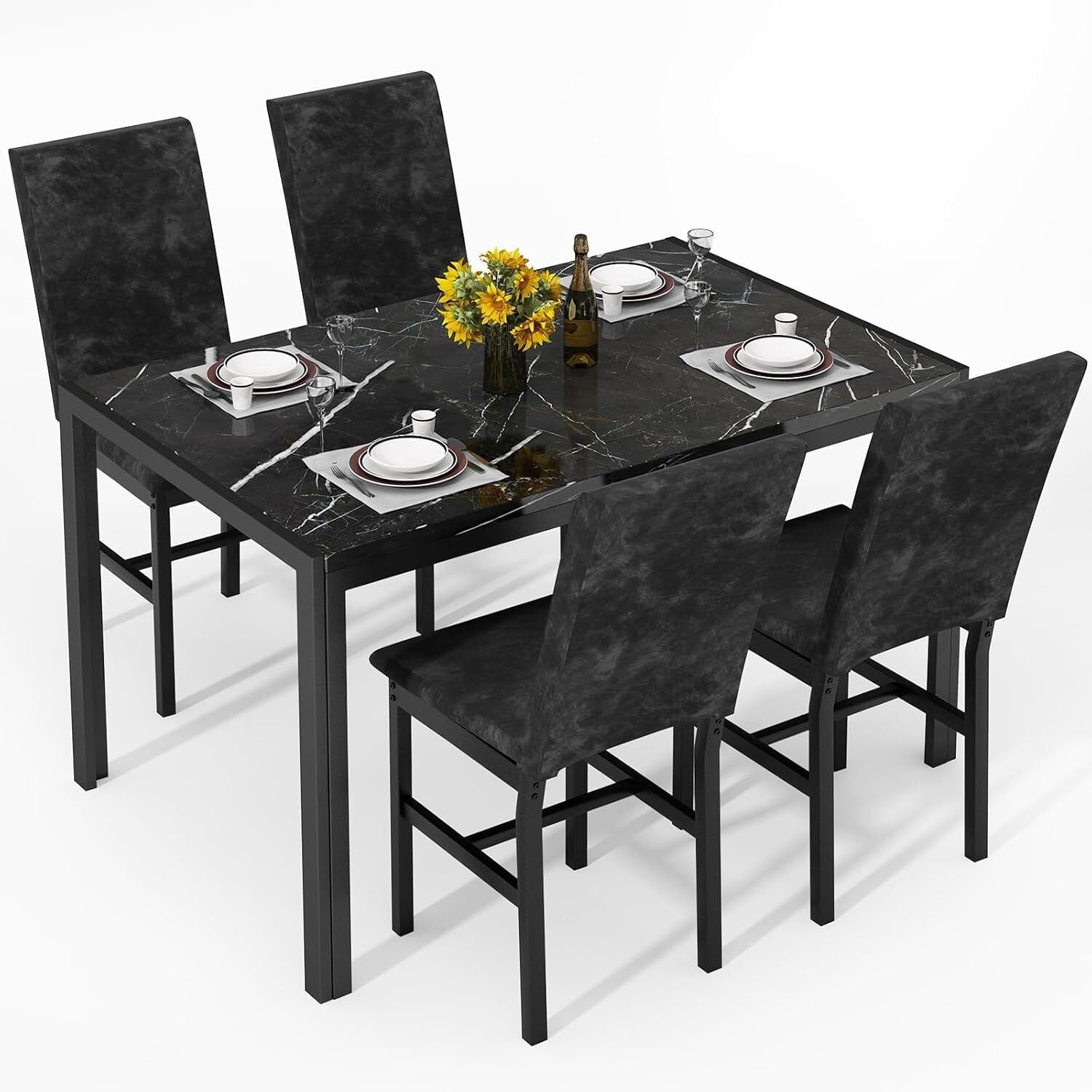 MOOSENG 5-Piece Dining Table Set with Faux Marble Top, Modern Kitchen Table and Set of 4 Grey Velvet Upholstered Chairs, Space-Saving Dinette Set for Small Spaces