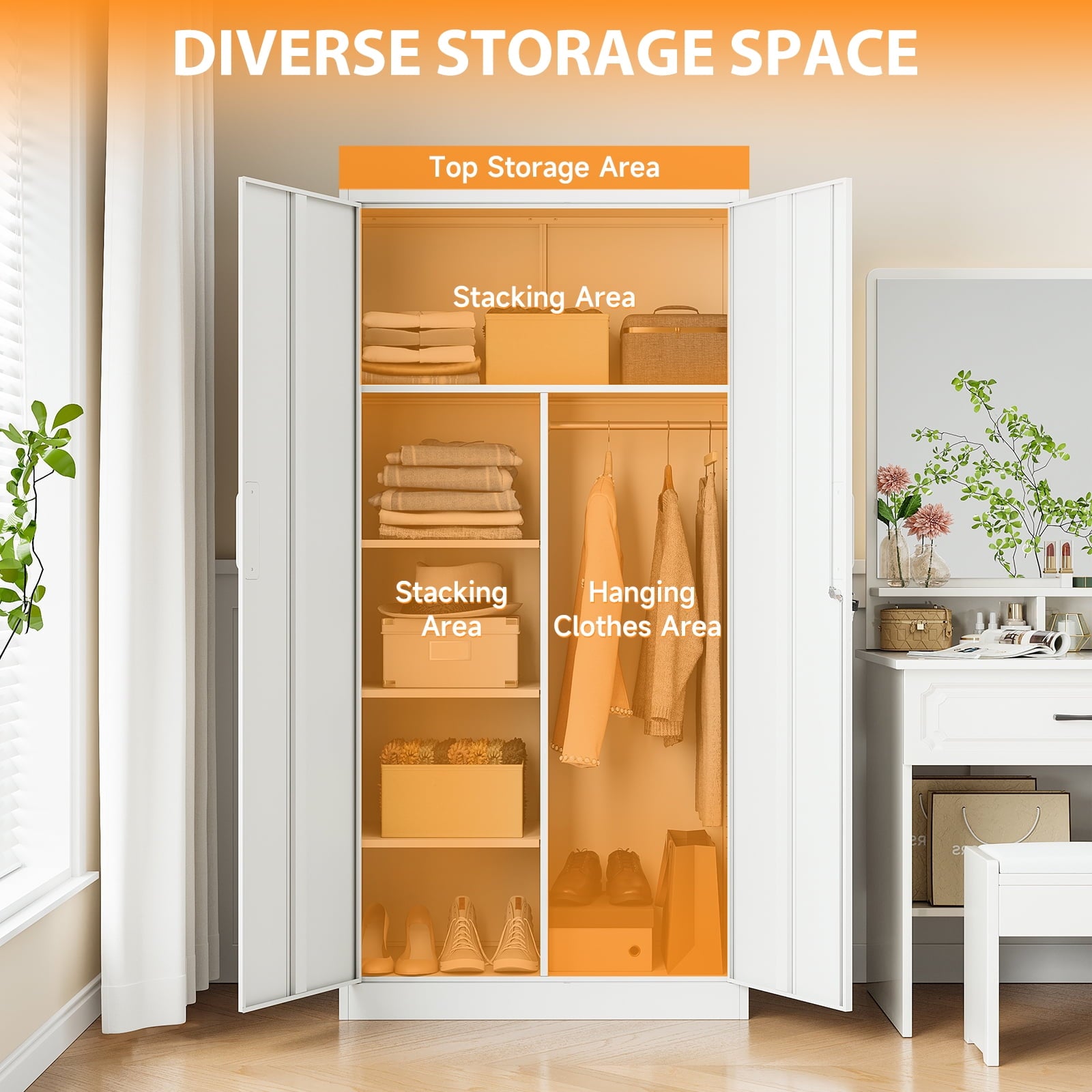 STANI Metal Wardrobe Closet with Hanging Rod, 72 White Armoire Wardrobe Cabinet with Adjustable Shelves, Clothes Storage Organizer Cabinets for Bedroom, Bathroom, Office