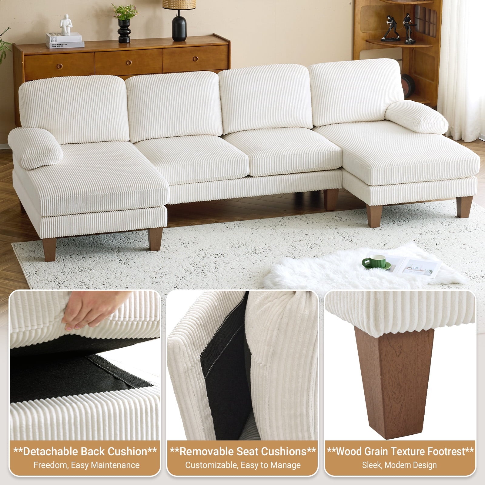 Ktaxon U-Shaped Sectional Sofa, 111  Chenille Couch, 4 Seat Lounge Sleeper with Double Chaise for Living Room Black