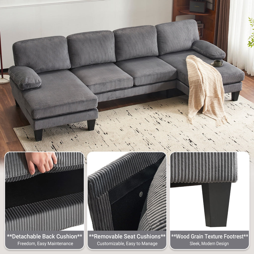Ktaxon U-Shaped Sectional Sofa, 111  Chenille Couch, 4 Seat Lounge Sleeper with Double Chaise for Living Room Black