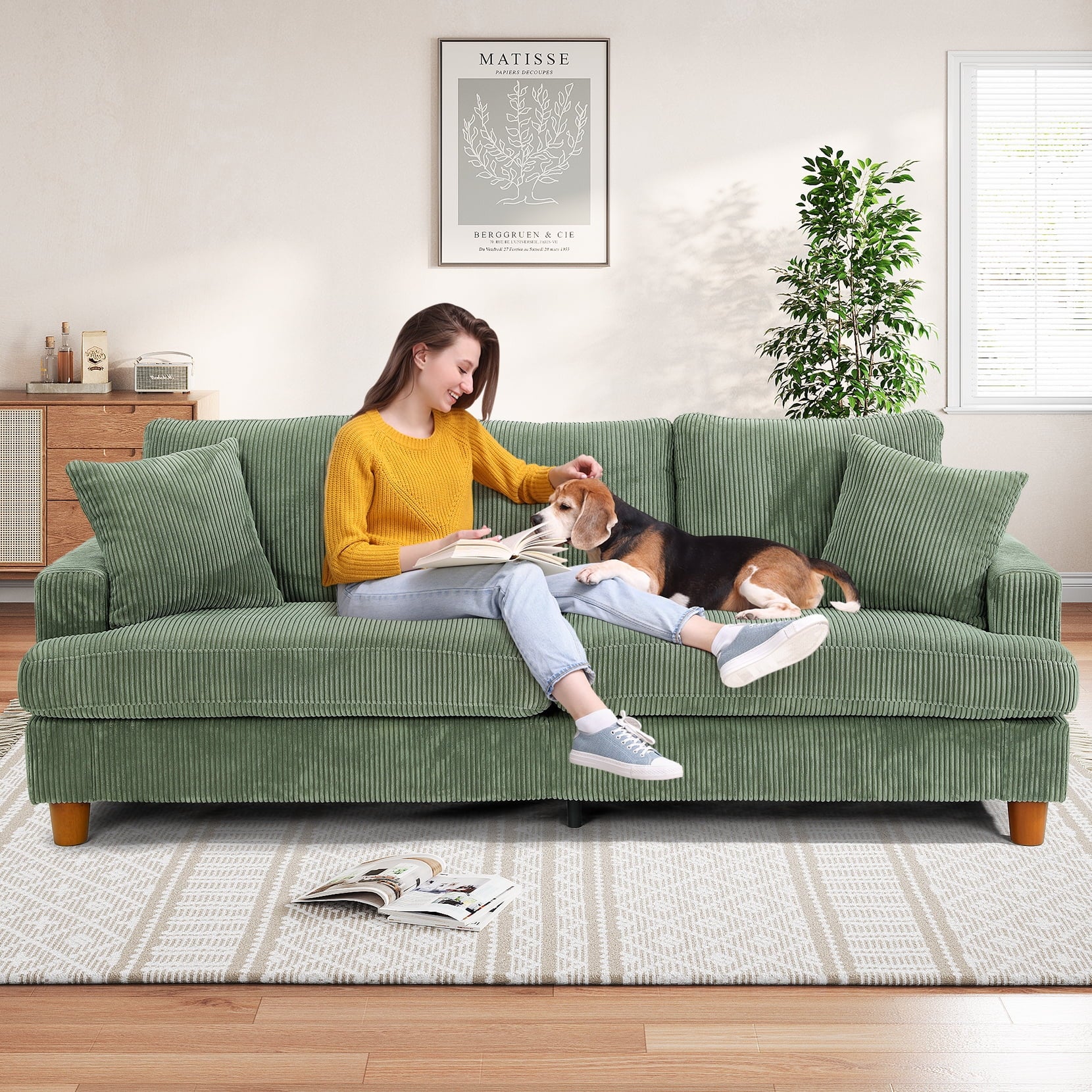 87 Corduroy Sofa,3 Seater Sofa with Extra Deep Seats,Neche Comfy Upholstered Couch for Living Room,2 Pillows,Green