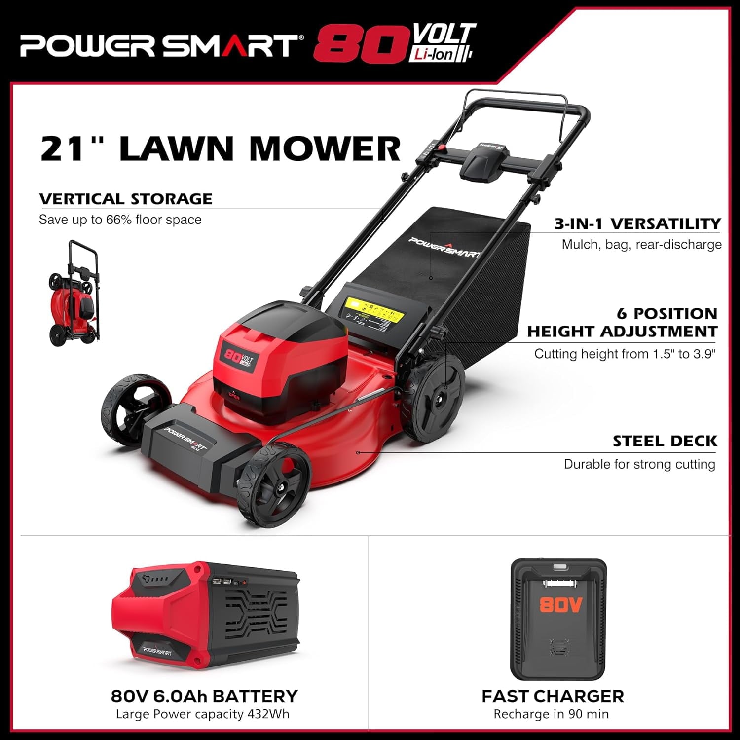 PowerSmart 3-in-1  21 6A 80V  Cordless Lawn Mower, Brushless Motor, 6 Position Height Adjustment