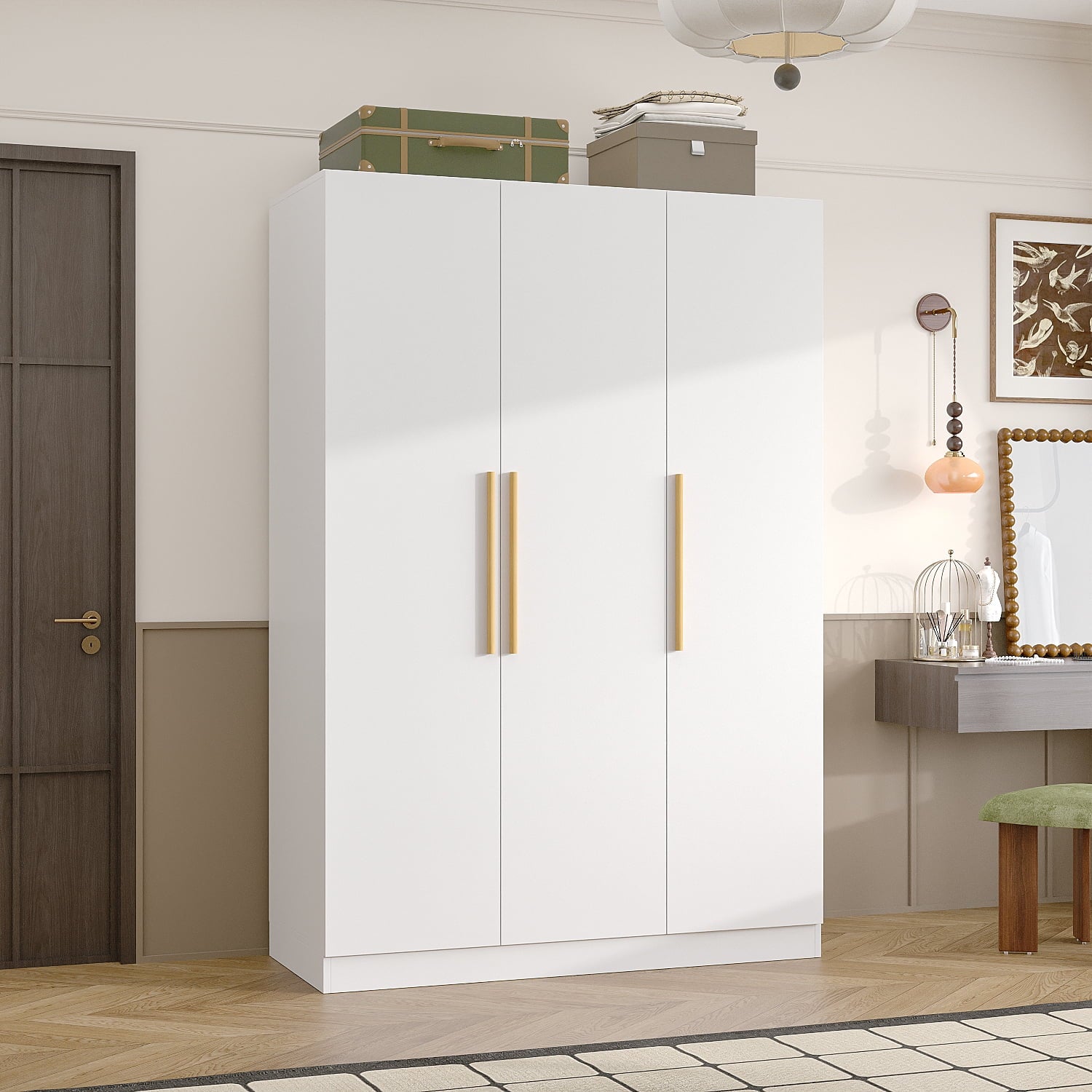 Wiawg 2 Door Wardrobe Armoire,Mirrored Closet Storage with Drawers and Shelves,White
