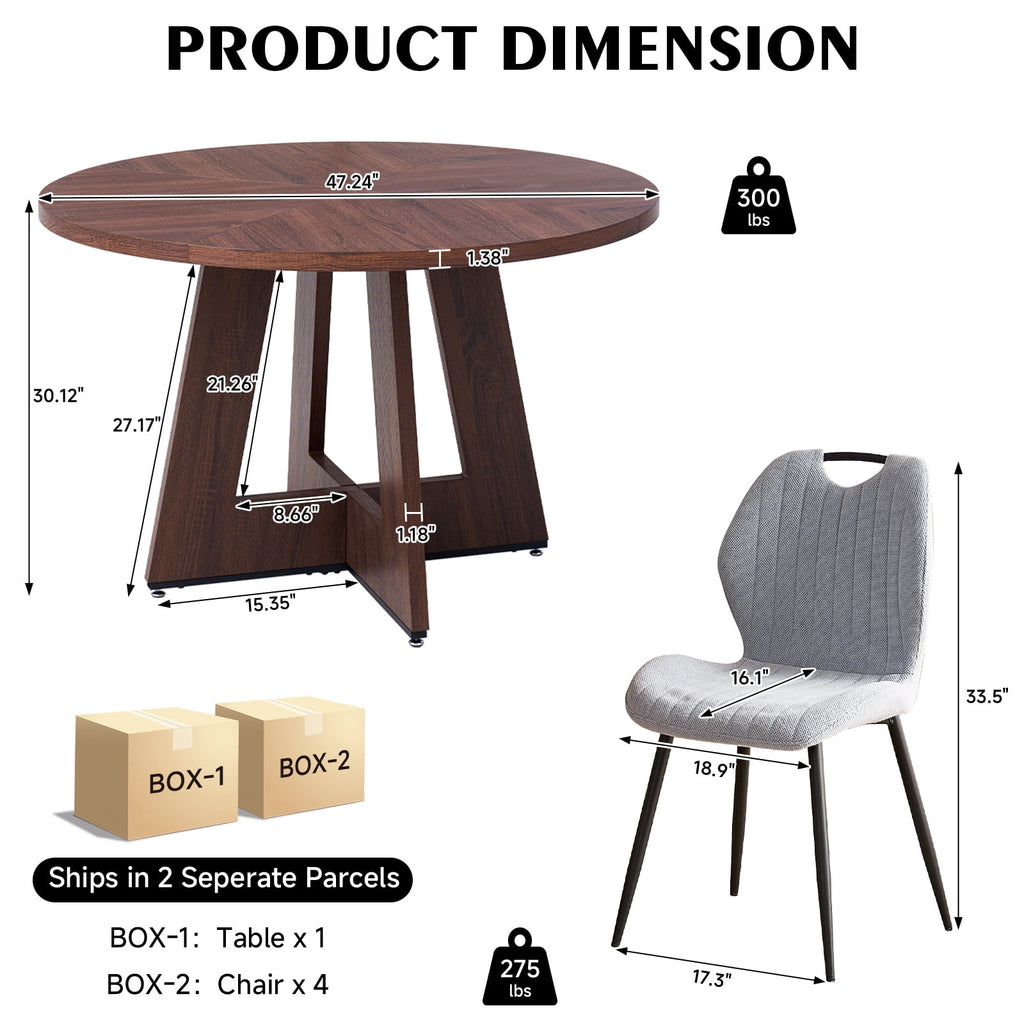 5 Piece 47'' Round Dining Table Chairs Set for 4, Farmhouse Oak Kitchen Table with 4 Boucle Mid Century Modern Dinning Room Chairs, Wood Dinner Table &Upholstered Chair Set of 4, Beige