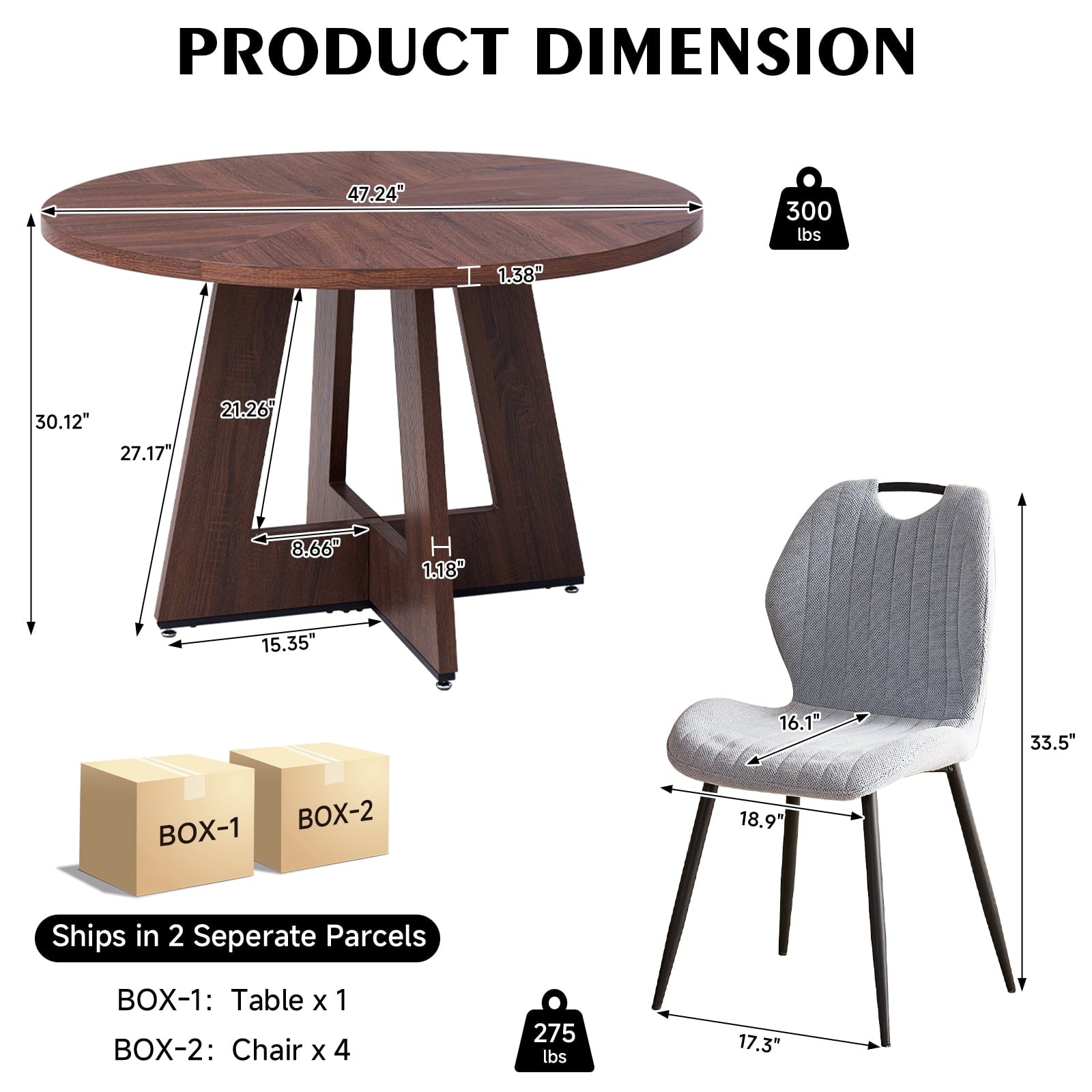 5 Piece 47'' Round Dining Table Chairs Set for 4, Farmhouse Oak Kitchen Table with 4 Boucle Mid Century Modern Dinning Room Chairs, Wood Dinner Table &Upholstered Chair Set of 4, Beige