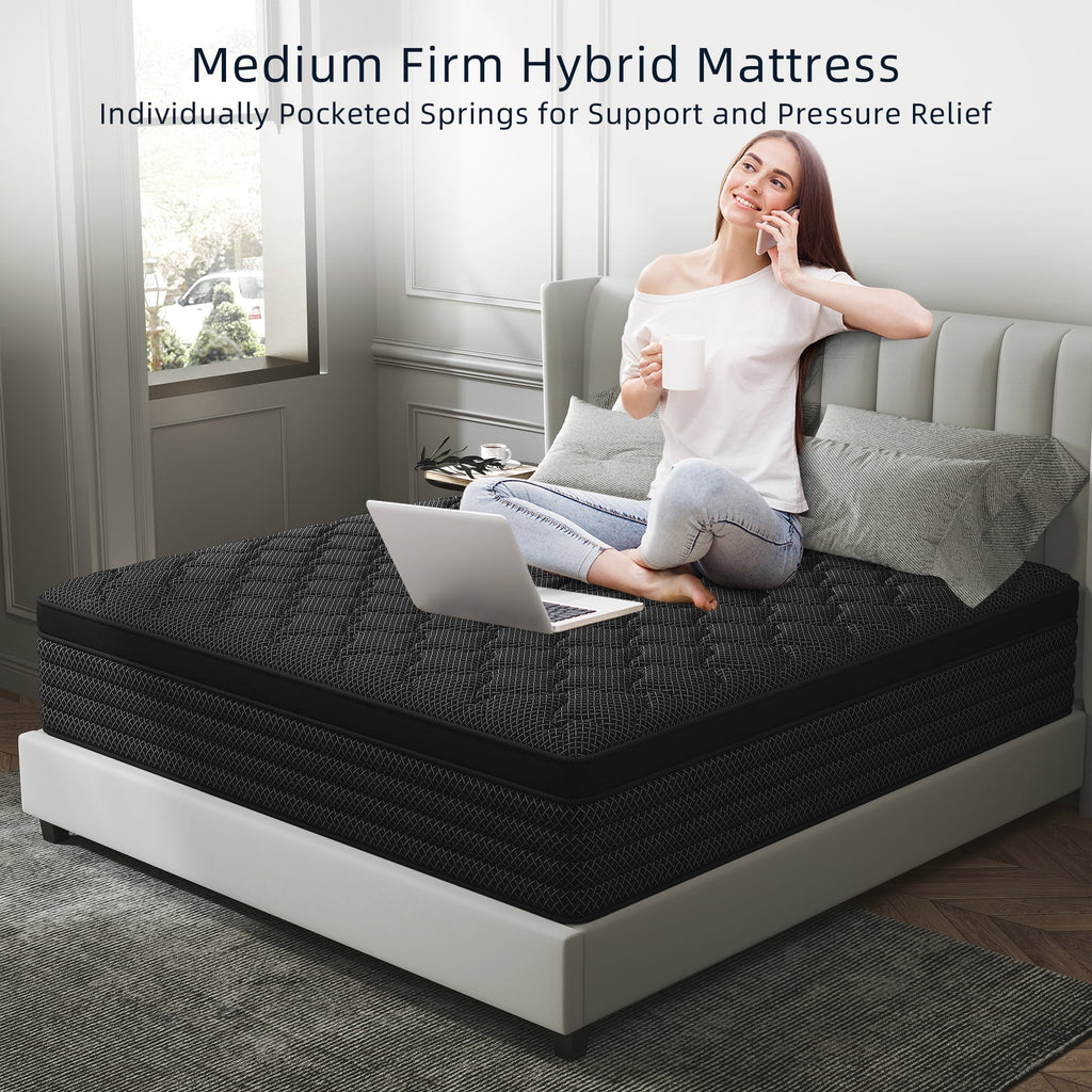 Kviwasha 12 inch Queen Mattress in a Box Pocket Innerspring Hybrid Mattress, CertiPUR-US Certified , Queen