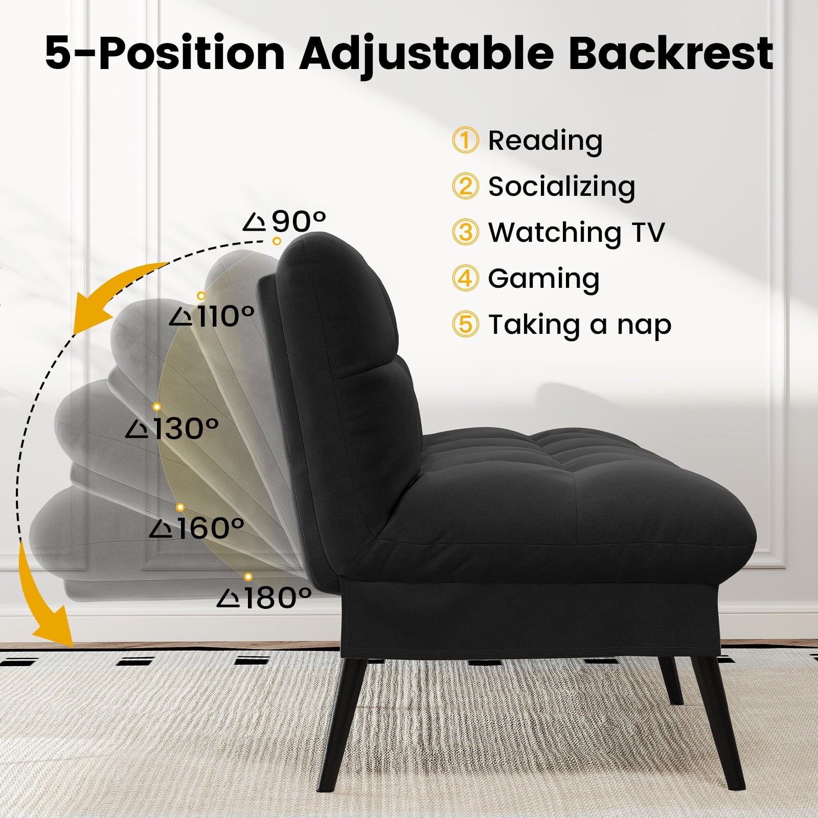 CloudRest Pro 72 Modern Convertible Futon Sofa Bed, Upholstered Futon Couch with 5 Adjustable Backrest Angles,Suitable for Apartment,Living Room,Black