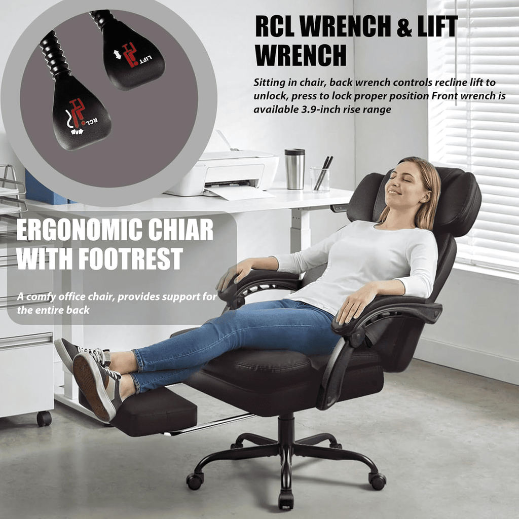 BOSSIN 400lbs Executive Office Chair with Foot Rest, Ergonomic Heavy Duty Big and Tall Desk Chair with Adjustable Headrest, High Back PU Leather Comfy Computer Chair