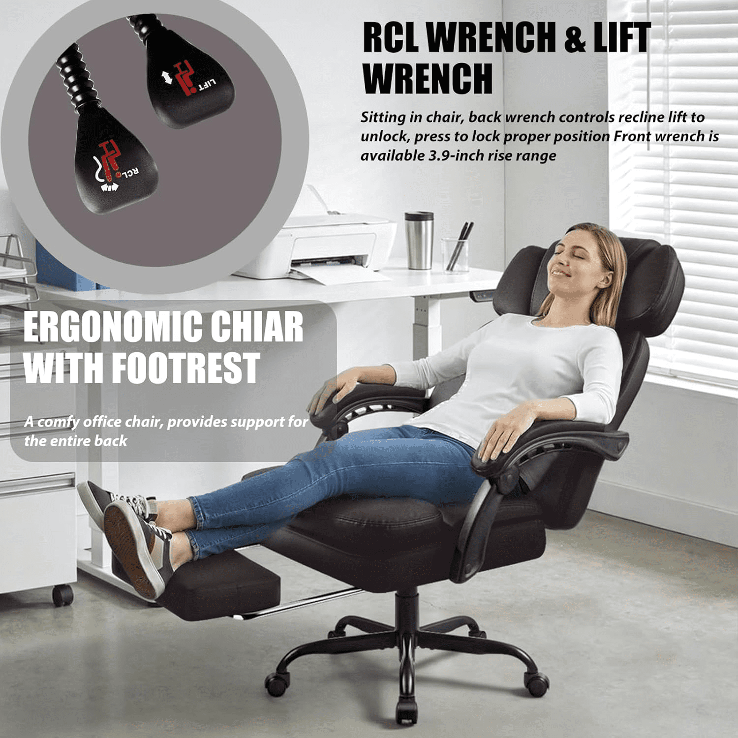 BOSSIN 400lbs Executive Office Chair with Foot Rest, Ergonomic Heavy Duty Big and Tall Desk Chair with Adjustable Headrest, High Back PU Leather Comfy Computer Chair