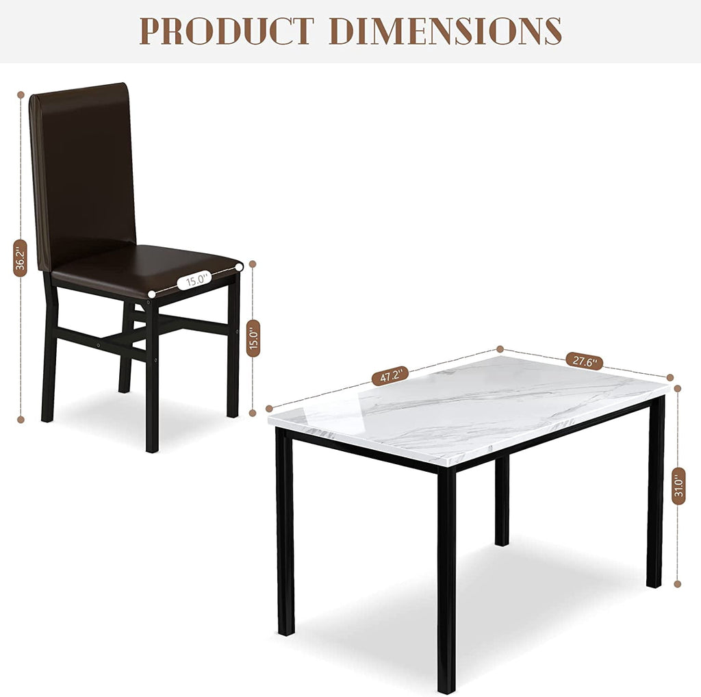 MIERES 5 Piece Dinning Table Sets for 4, Marble Kitchen Table and Chairs for 4,Dining Room Table Set with PU Leather Chairs,Faux Marble Dining Set for Small Spaces,Living Room,White+Brown