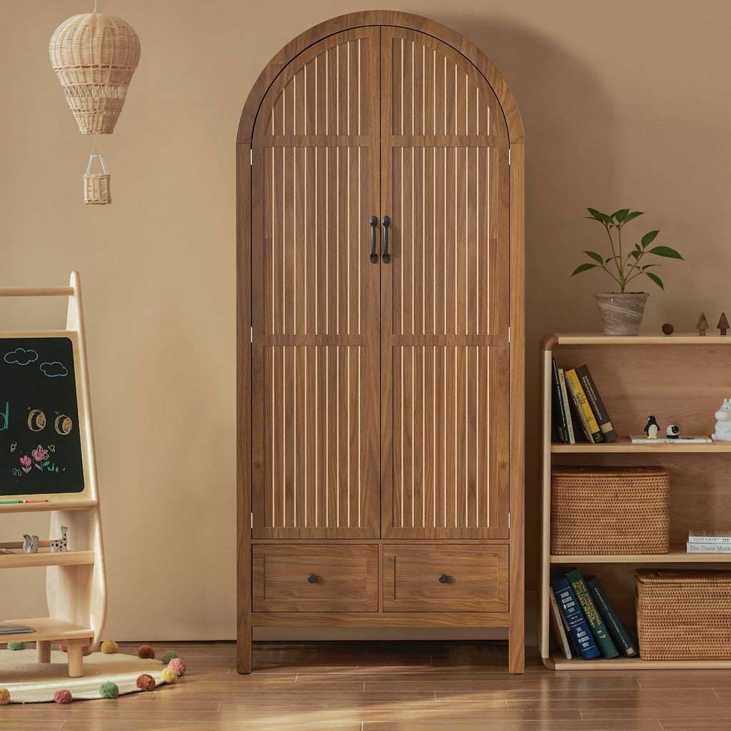 Oubayajia Arched Armoire Wardrobe Closet with Fluted Doors, Wooden Wardrobe Closet with Drawers, Shelves and Hanging Rod for Bedroom