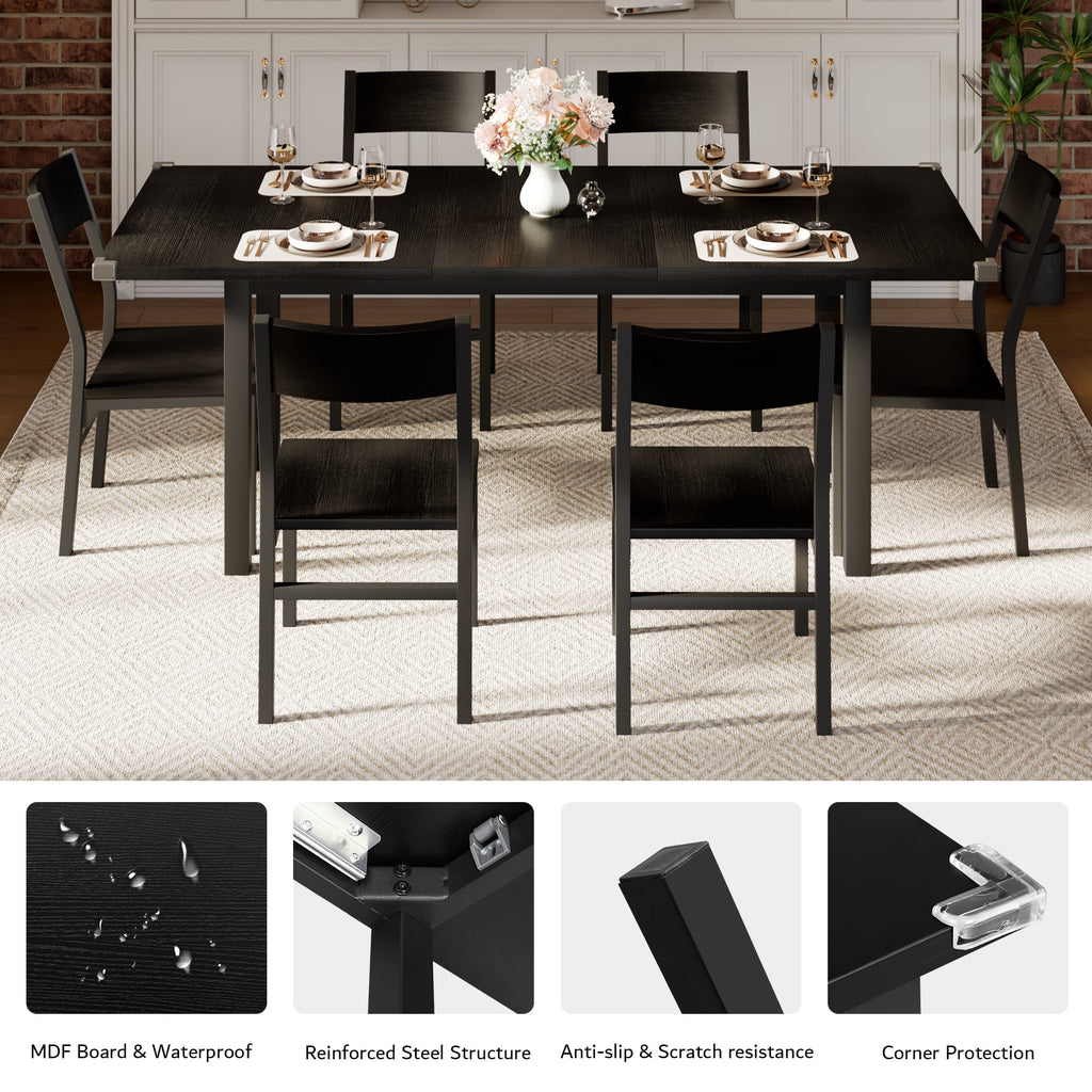 Virans 7-Piece Dining Table & Chairs Set for 4-6, 63 Extendable Kitchen Table with 6 Chairs, Dining Room Table with Metal Frame & MDF Board, Perfect for Small Space, Easy Assembly,Espresso