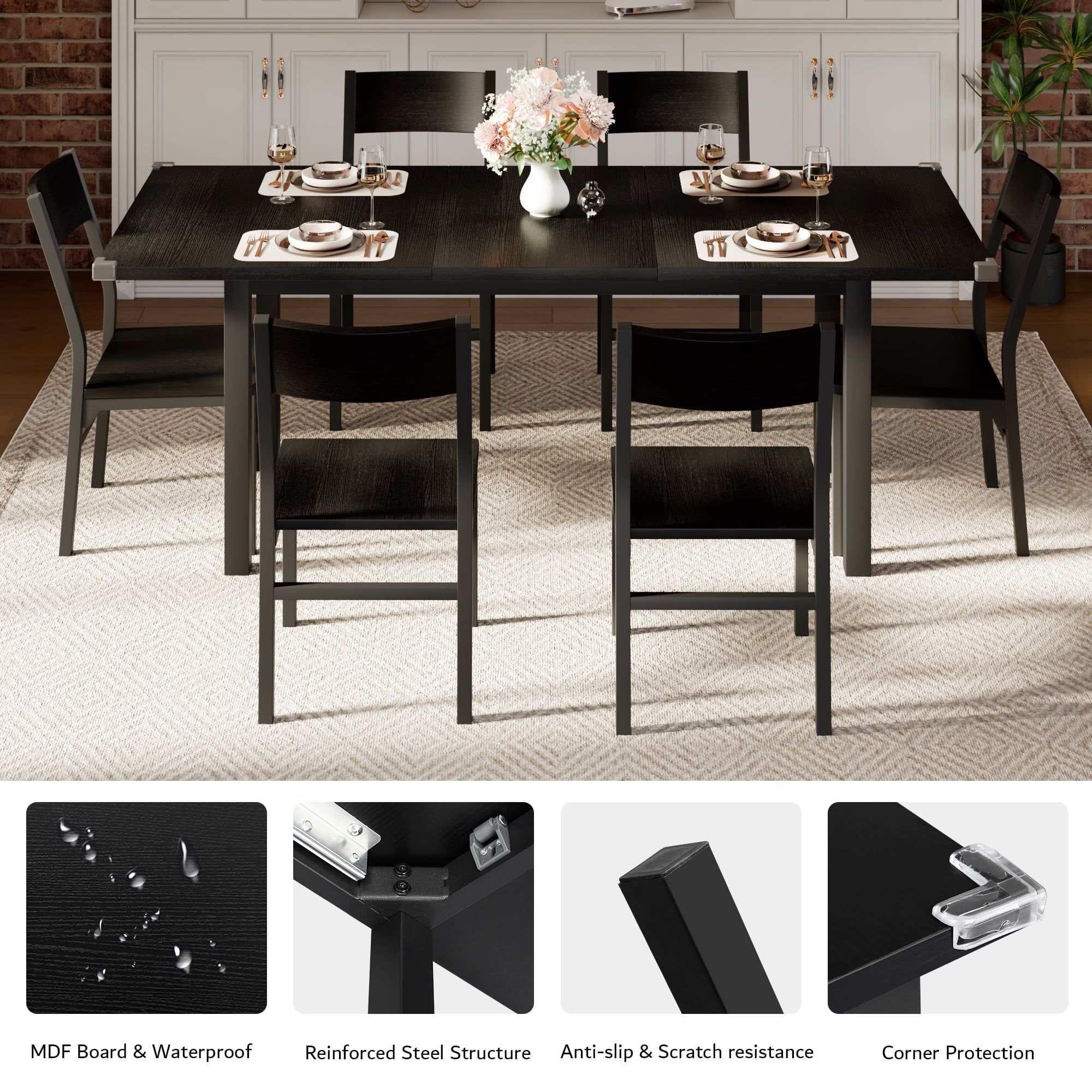 Virans 7-Piece Dining Table & Chairs Set for 4-6, 63 Extendable Kitchen Table with 6 Chairs, Dining Room Table with Metal Frame & MDF Board, Perfect for Small Space, Easy Assembly,Espresso