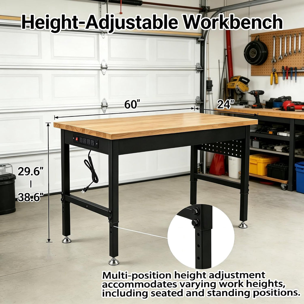70 Inch Adjustable Workbench with Power Outlet Heavy Duty 2500 LBS Load Capacity Hardwood Work Table for Garage 6 Level Height Adjustable Workshop Bench with Wheels (70x22)