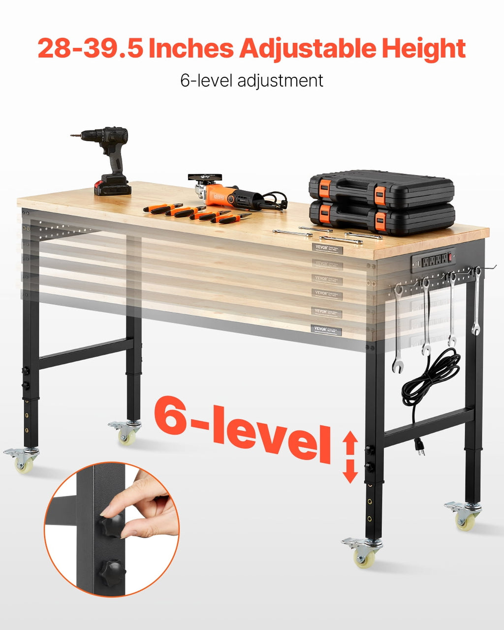VEVOR 60-Inch Adjustable Workbench, 2000 lbs Load, Work Bench with Power Outlet, Wheels, and Pegboard, Heavy Duty Oak Wood Top Work Table for Garage, Workshop, Office, and Home