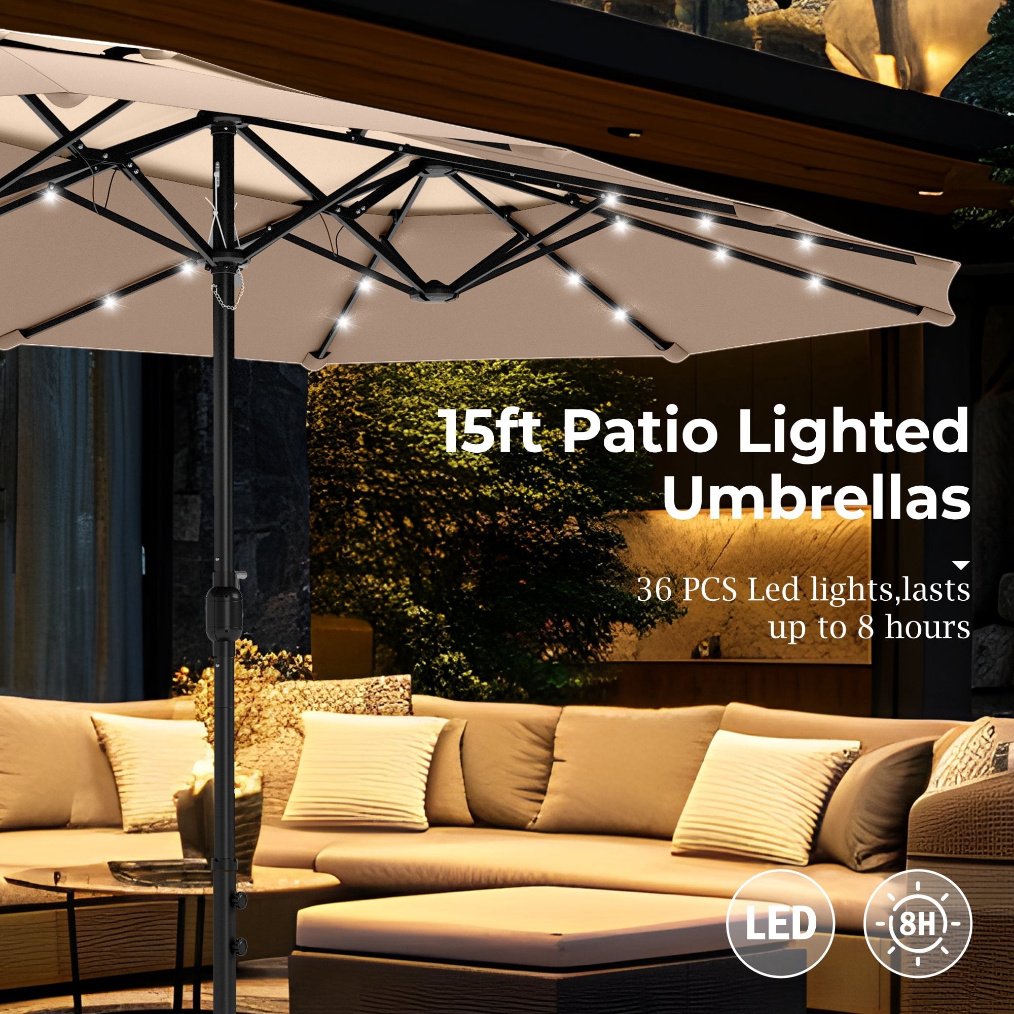 Alpha Joy 15ft Dual-Layer Extra Large Outdoor Patio Umbrella Double-Sided Ventilation Umbrella with Led Lights & Umbrella Base, Beige