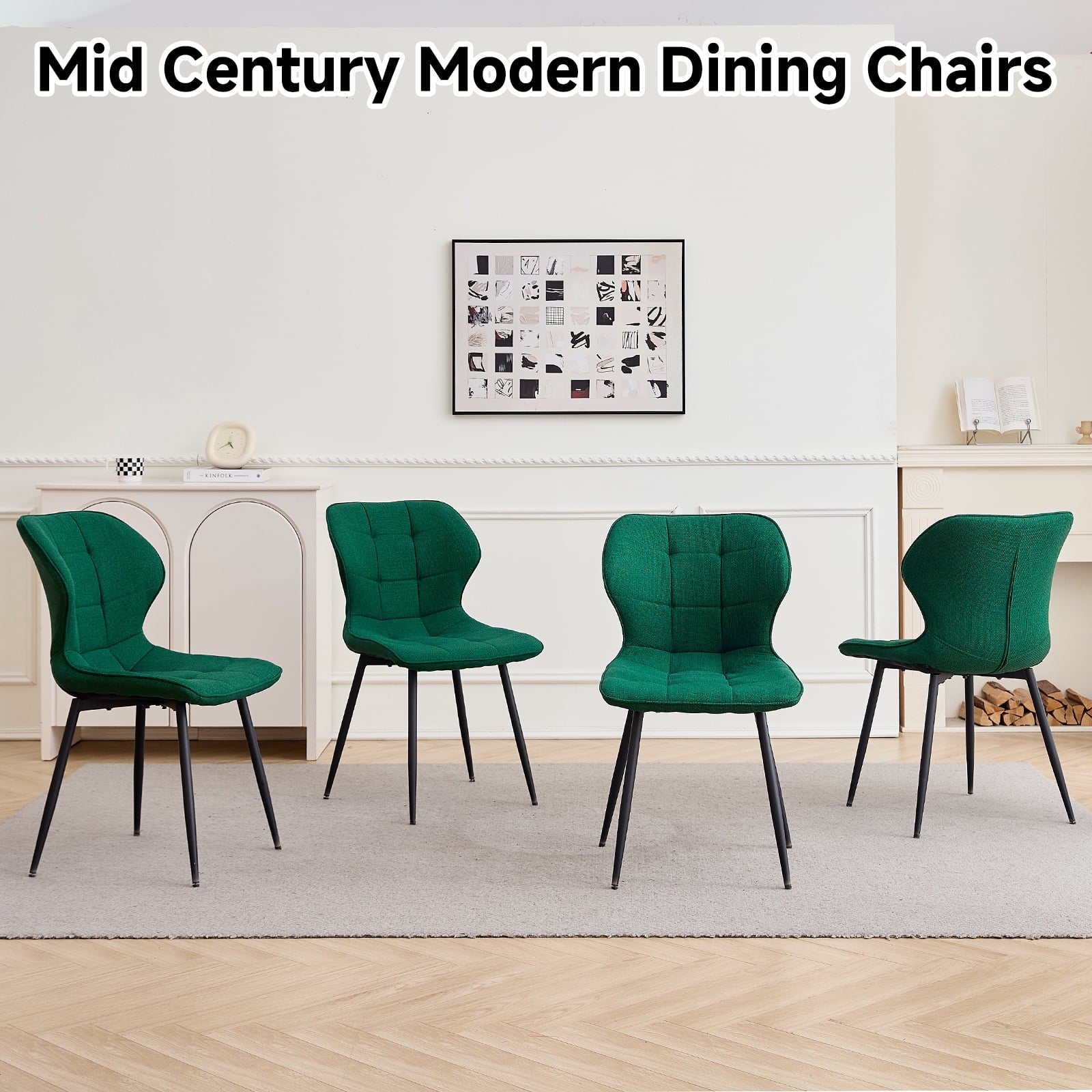 47 Round Dining Table Set for 4 Mid-Century Modern Kitchen Table with 4 Upholstered Chairs Kitchen Coffee Set Dining Table and Chairs for Living Room(Natural Table with 4 Beige Chairs)