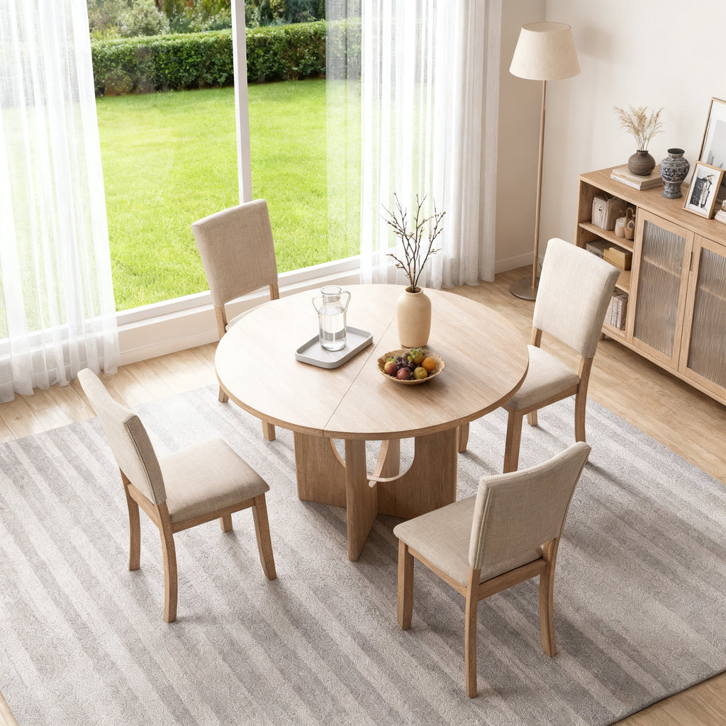 Leovanni Modern 48 5-Piece Solid Wood Dining Table Set with 4 Upholstered Chairs, Rectangular Kitchen & Dining Room Set, Natural
