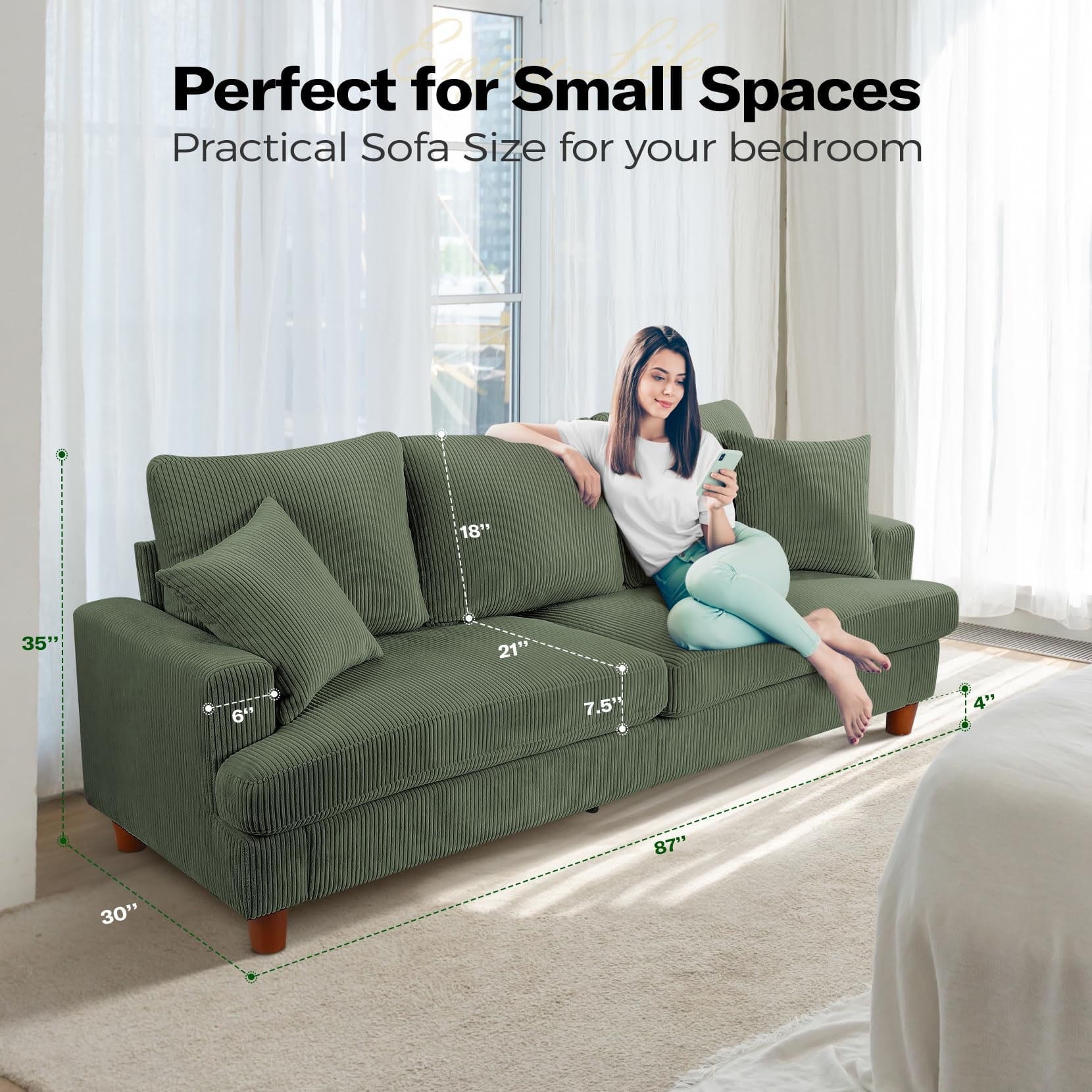 87 Corduroy Sofa,3 Seater Sofa with Extra Deep Seats,Neche Comfy Upholstered Couch for Living Room,2 Pillows,Green