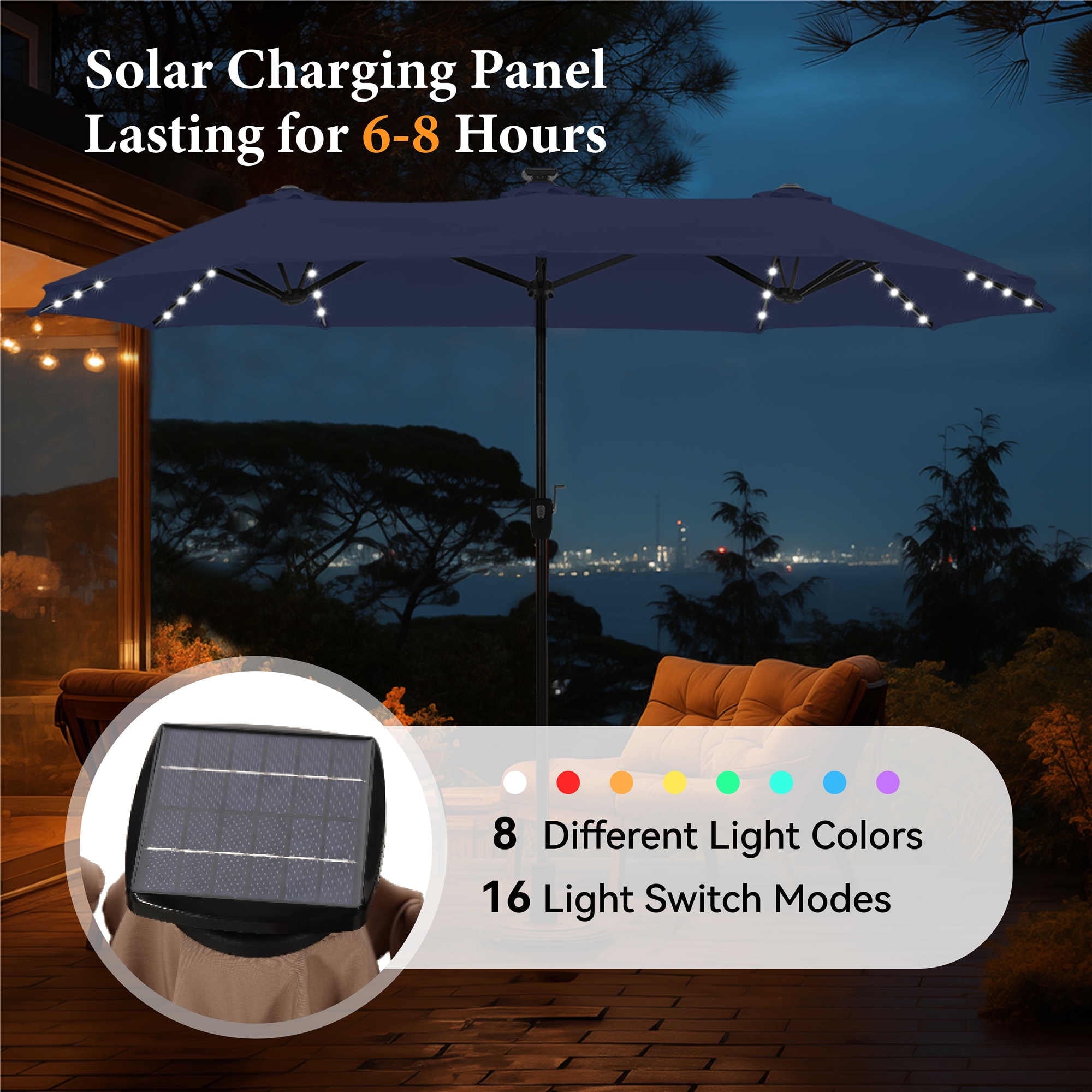 SUMMIT LIVING 13ft Large Patio Umbrella with Multi-Color LED Solar Lights Double-Sided Rectangular Outdoor Table Umbrella – Beige