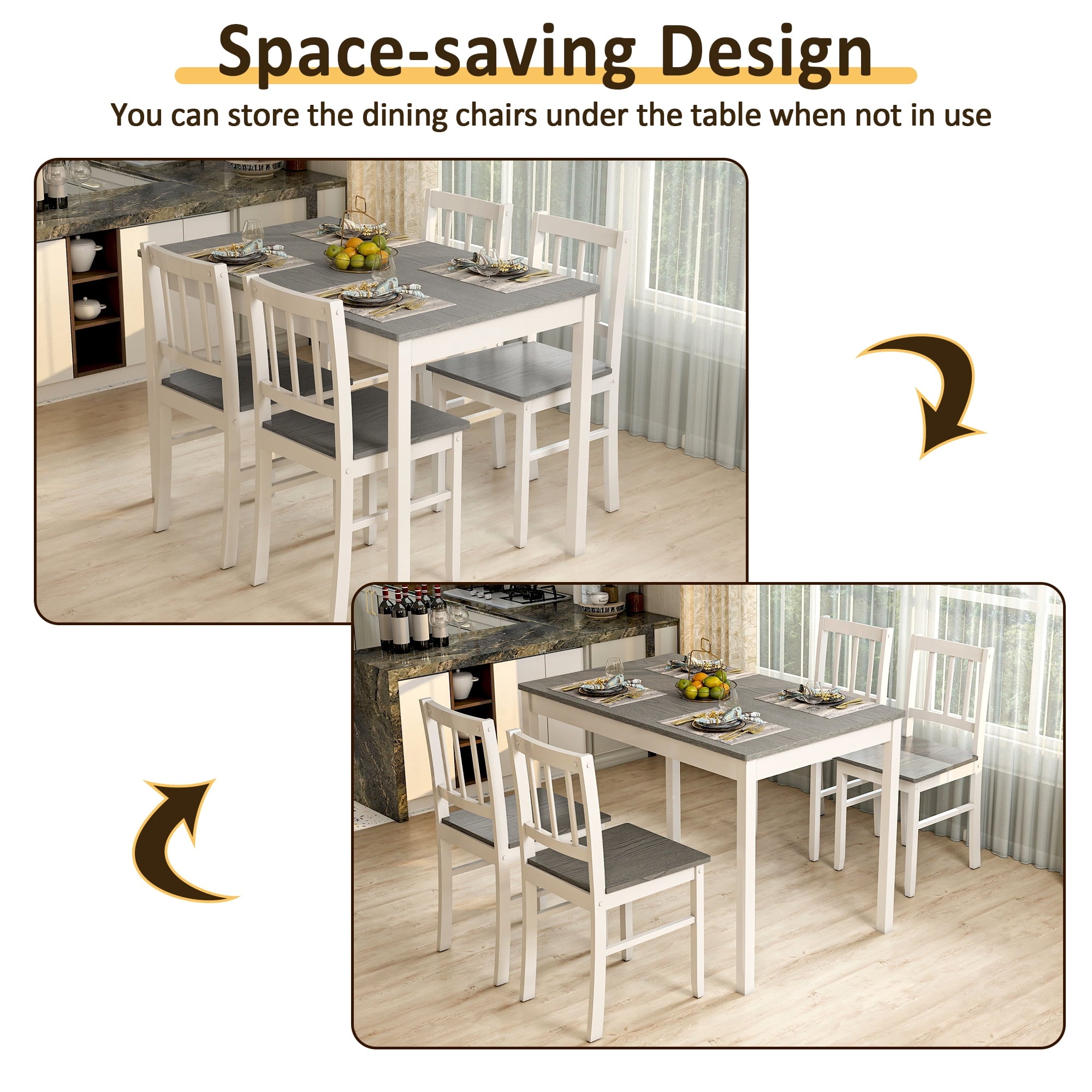 Joywind 5-Piece Solid Wood Dining Set – Rectangular Dining Table with 4 Chairs, Modern Grey Design for Kitchen, Dining Room & Restaurant