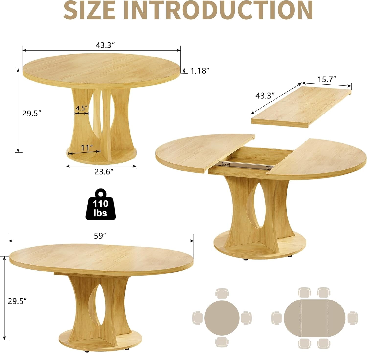 Laisnet 59 Extendable Wooden Dining Table for 8, Modern Kitchen Table with Hidden Storage, Black