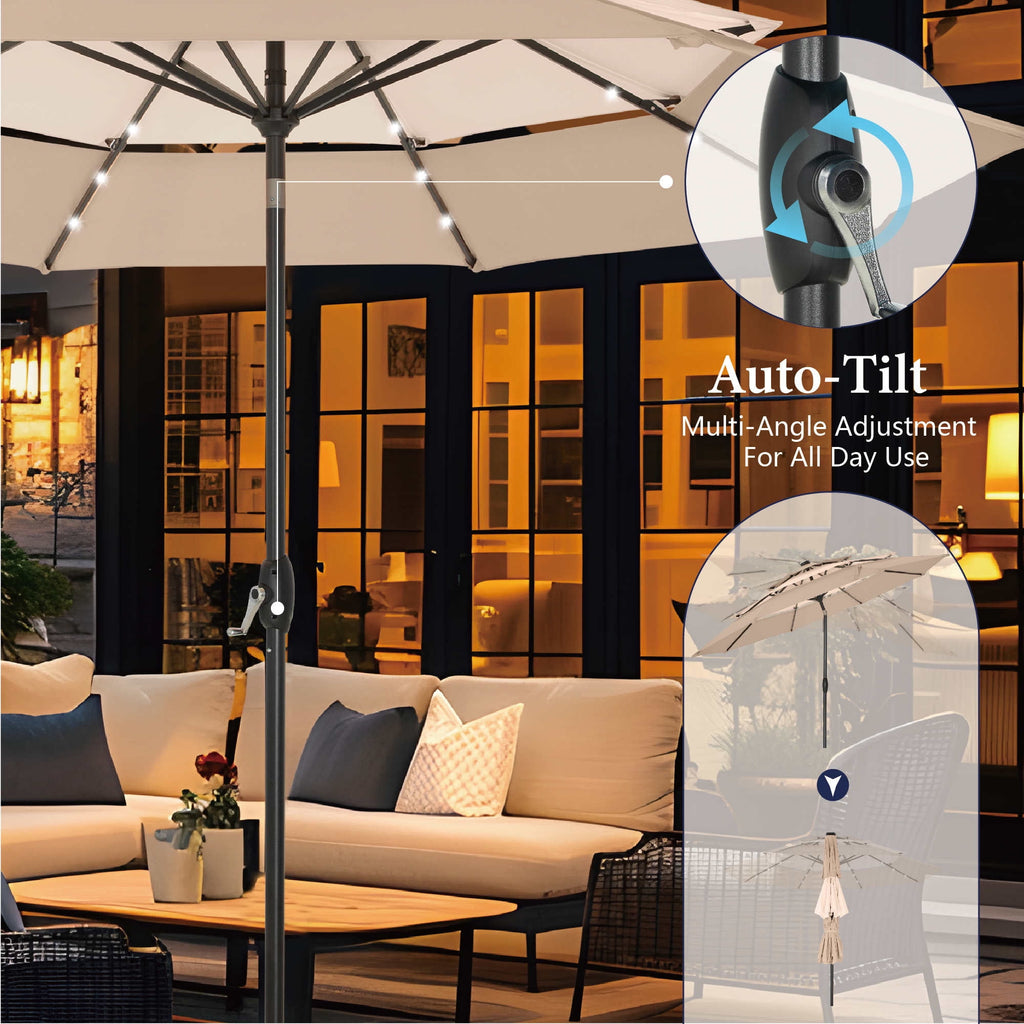 Summit Living 10ft Patio Umbrella with Solar Lights 3-Tier Vented Outdoor Market Umbrella with Auto-Tilt – Beige