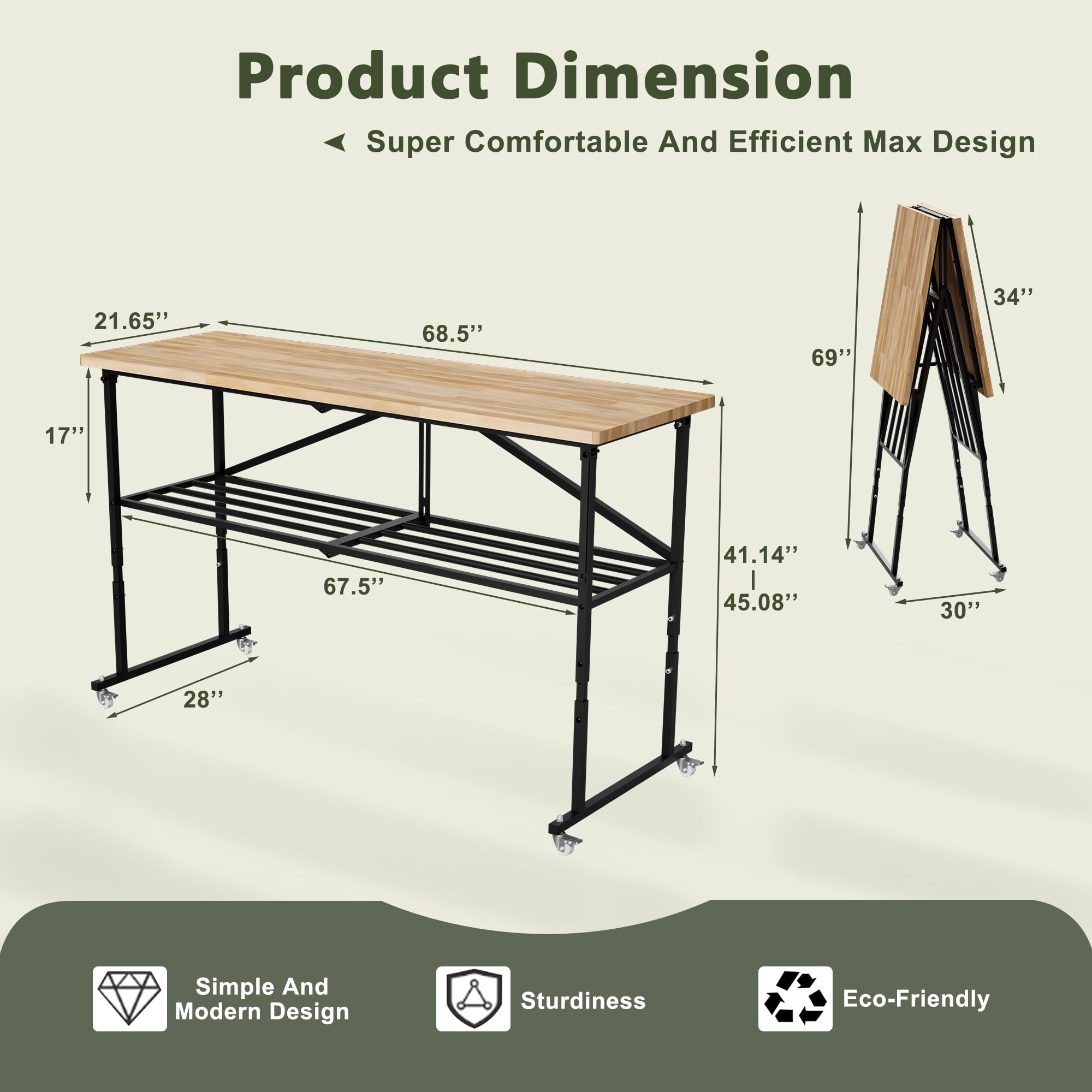 68 Folding Workbench with 1.5 Thick Hardwood Top, 2000 LBS Heavy Duty Adjustable Height Garage Work Table with Locking Wheels for Shop, Office, Crafting