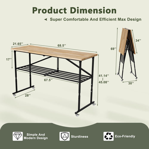 68 Folding Workbench with 1.5 Thick Hardwood Top, 2000 LBS Heavy Duty Adjustable Height Garage Work Table with Locking Wheels for Shop, Office, Crafting