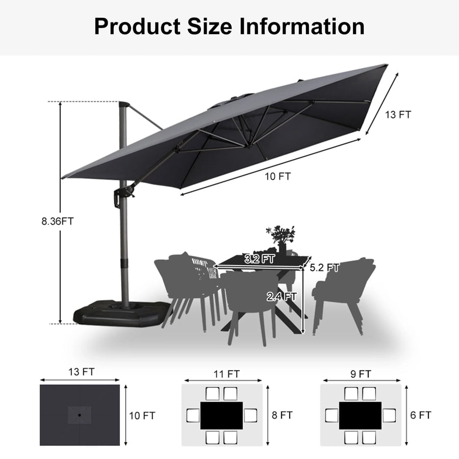 PURPLE LEAF OUTDOOR 10x13 FT Extra Large Rectangle Cantilever Umbrella with Base - 360° Rotating Heavy-Duty Aluminum Frame, Waterproof Graphite Grey Patio Sunshade for Oversized Pool Deck & Backyard