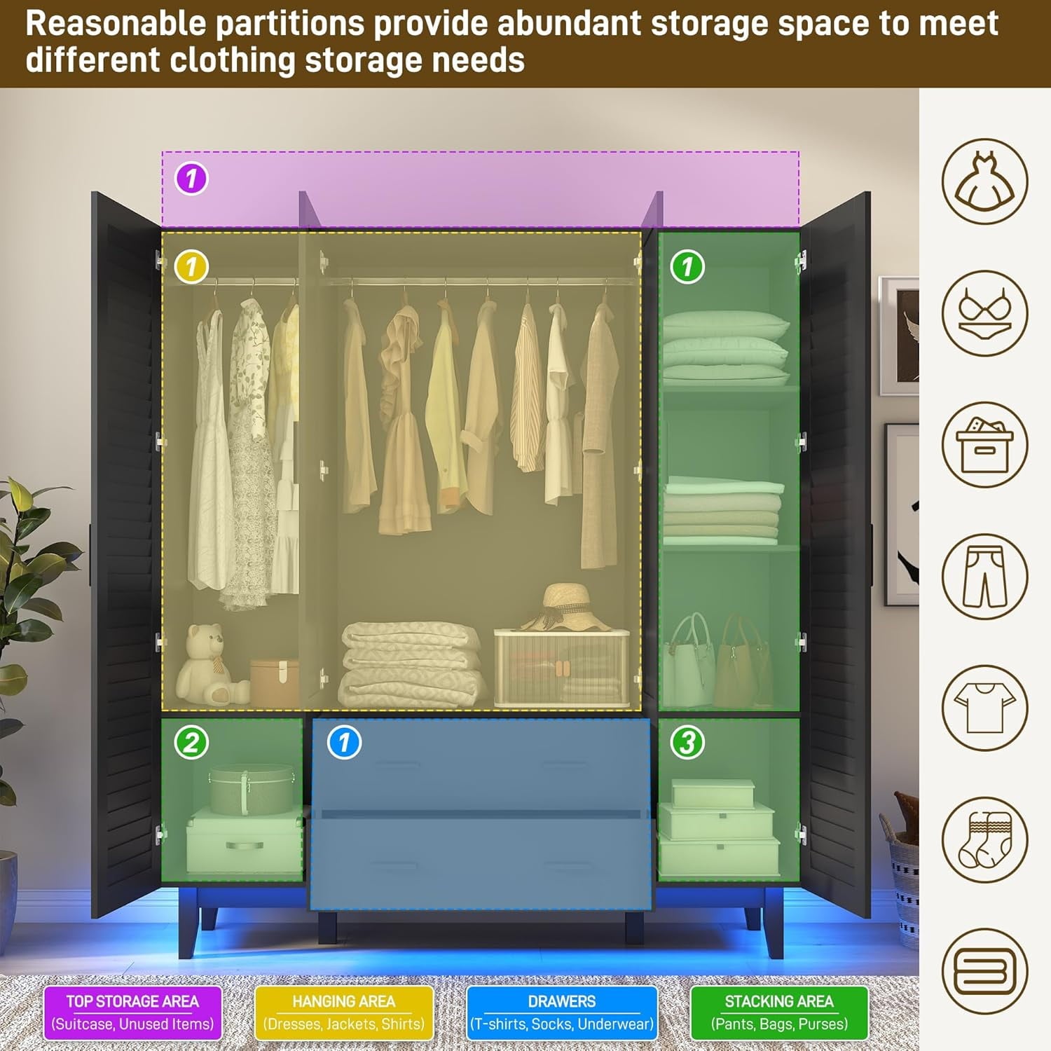 Blotout 70 Armoire Wardrobe Closet with Mirror & LED Lights, LED White Louver Door Wardrobe Armoire with 3 Drawers & Hanging Rods, Large 3 Doors Armoire Storage with Multi-Layer Shelves