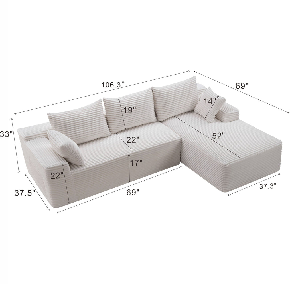 LLappuil 108 Sectional Sofa, Modular Sectional Couch with Left Chaise, Deep Seat Corduroy Cloud Sofa for Living Room Black