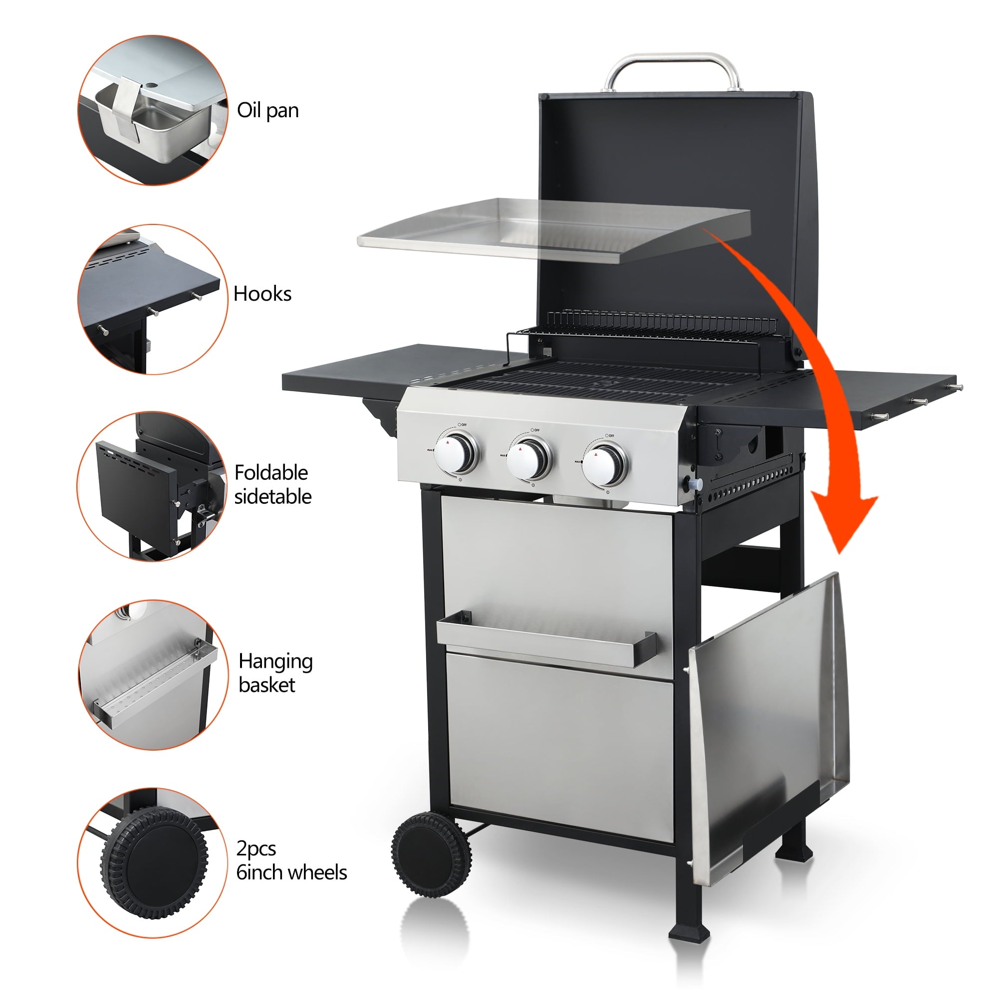 Mintazer 3-Burner Propane Gas Grill with Foldable Side Tables, Stainless Steel 36900BTU BBQ Grill with Iron Cooking Grids, Hooks & Hanging Basket for Outdoor Barbecue