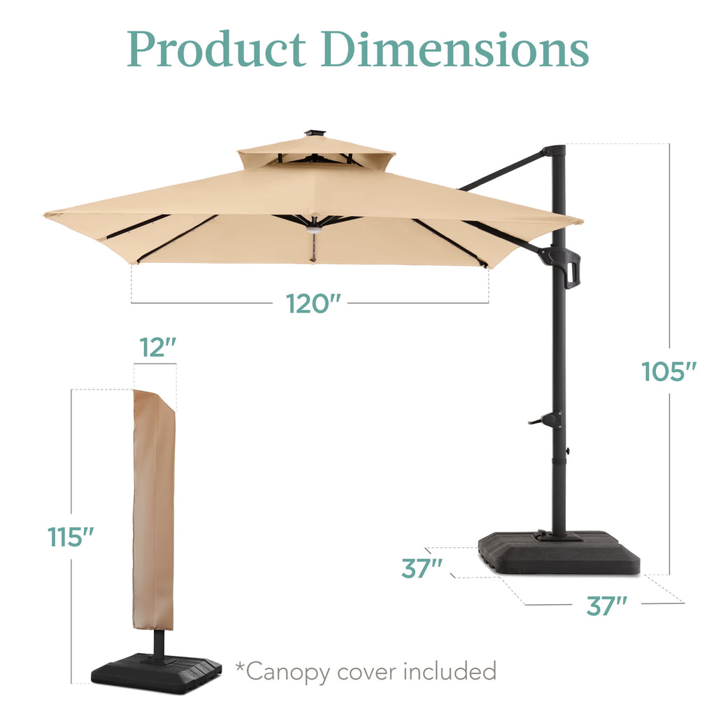 Best Choice Products 10x10ft 2-Tier Square Outdoor Solar LED Cantilever Patio Umbrella w/ Base Included - Tan