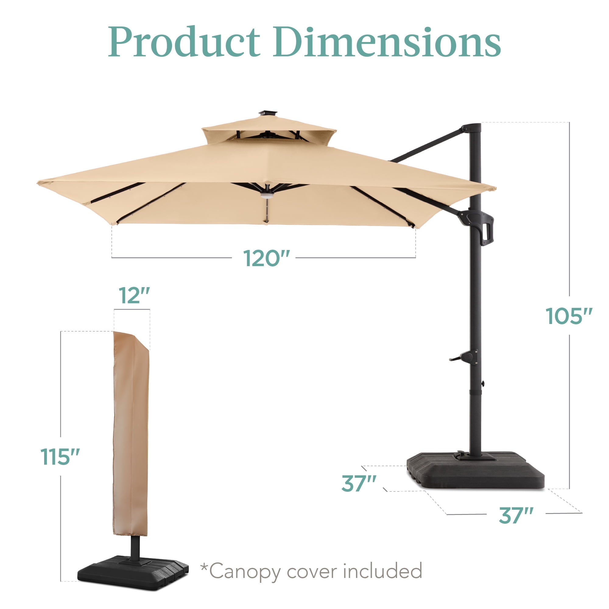 Best Choice Products 10x10ft 2-Tier Square Outdoor Solar LED Cantilever Patio Umbrella w/ Base Included - Tan