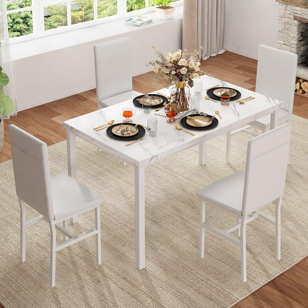 MOOSENG Dining Table Set for 4, Faux Marble Kitchen Table and Chairs Set of 4, 5-Piece Dining Room Set with PU Leather Upholstered Chairs for Small Space, Gray