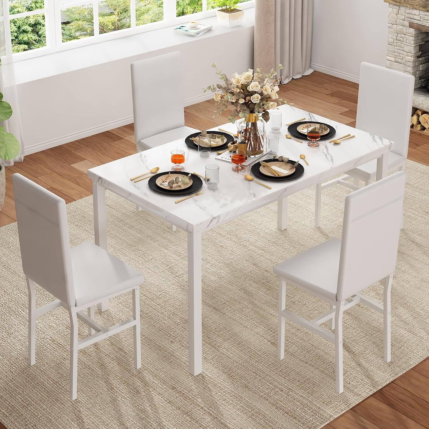 MOOSENG Dining Table Set for 4, Faux Marble Kitchen Table and Chairs Set of 4, 5-Piece Dining Room Set with PU Leather Upholstered Chairs for Small Space, Gray