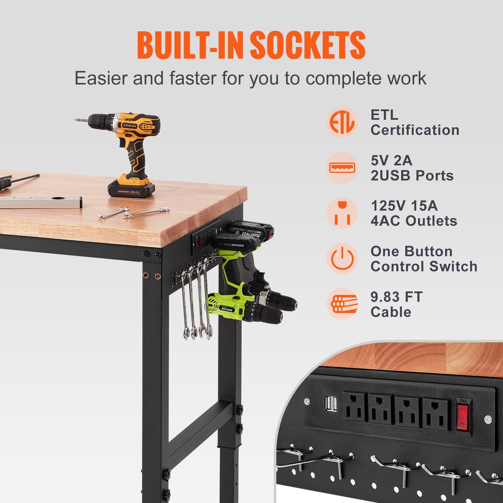 KFFKFF Adjustable Height Workbench 72L x 25W Work Bench Table w/ Power Outlets