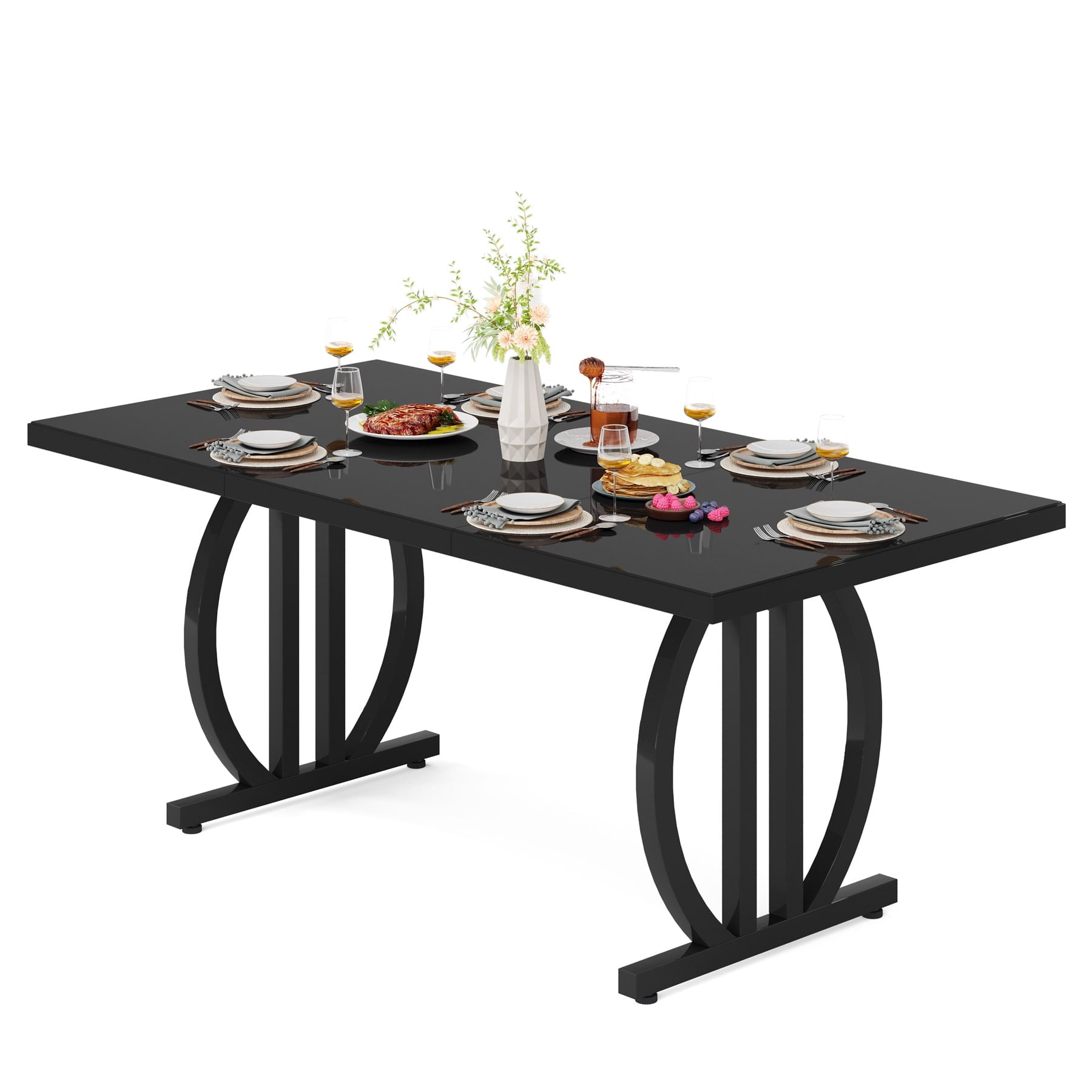 Fnova 63 Modern Dining Table for 6-8 People, Rectangular Kitchen Table with Sturdy Metal Frame, Dinner Table for Dining Room, Kitchen, Living Room, Home Office, Apartment